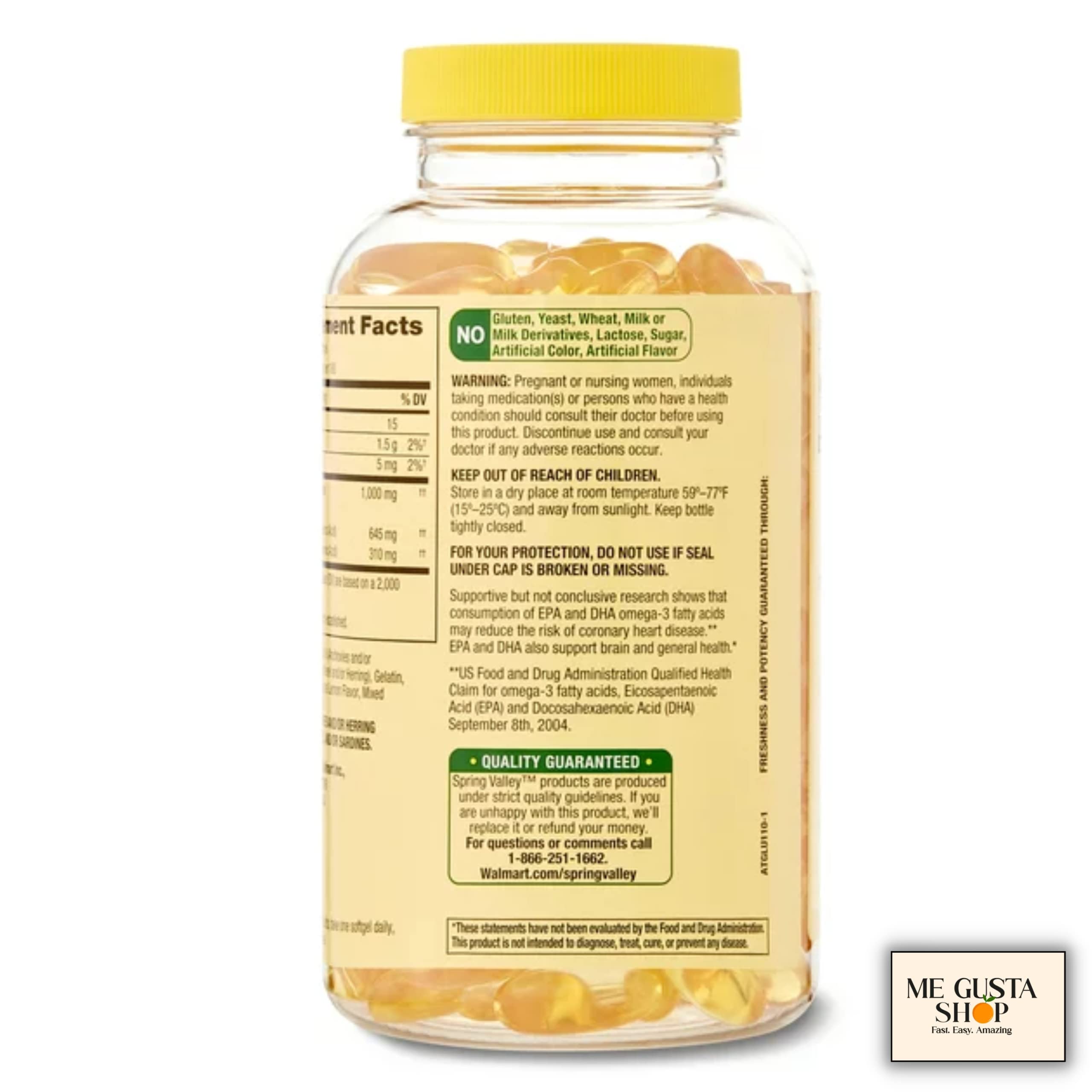 Bottle of ME GUSTA SHOP Omega-3 Fish Oil Soft Gels 180 Count