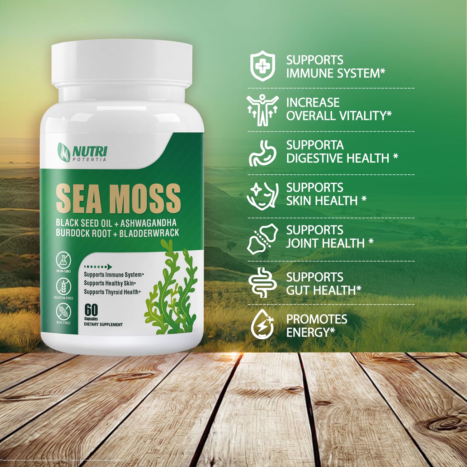 Bottle of NUTRI POTENTIA Sea Moss Capsules on a wooden table
