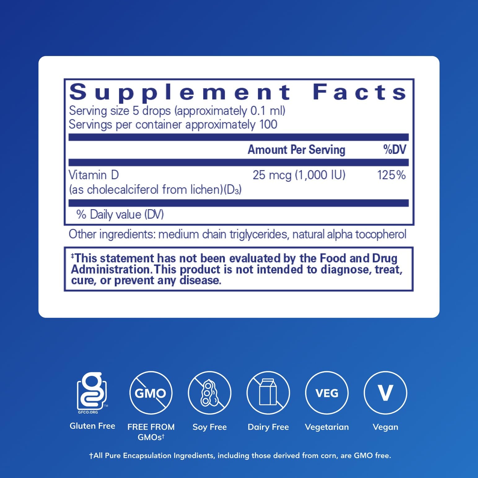 Bottle of Pure Encapsulations Vegan Vitamin D3 Liquid with dropper