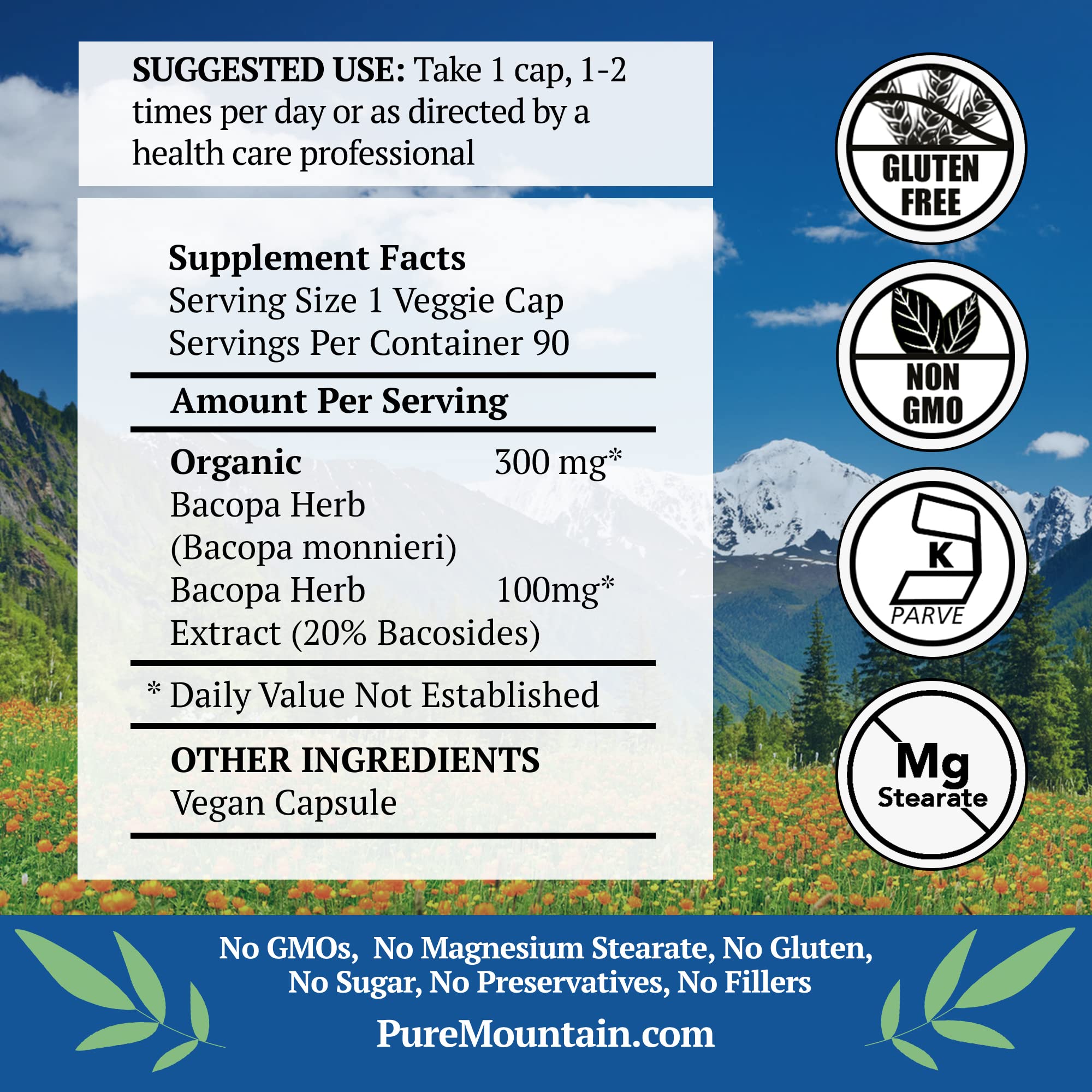 Bottle of Pure Mountain Botanicals Bacopa Monnieri with label