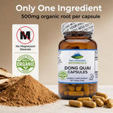 Bottle of Pure Mountain Botanicals Dong Quai 500mg capsules with label