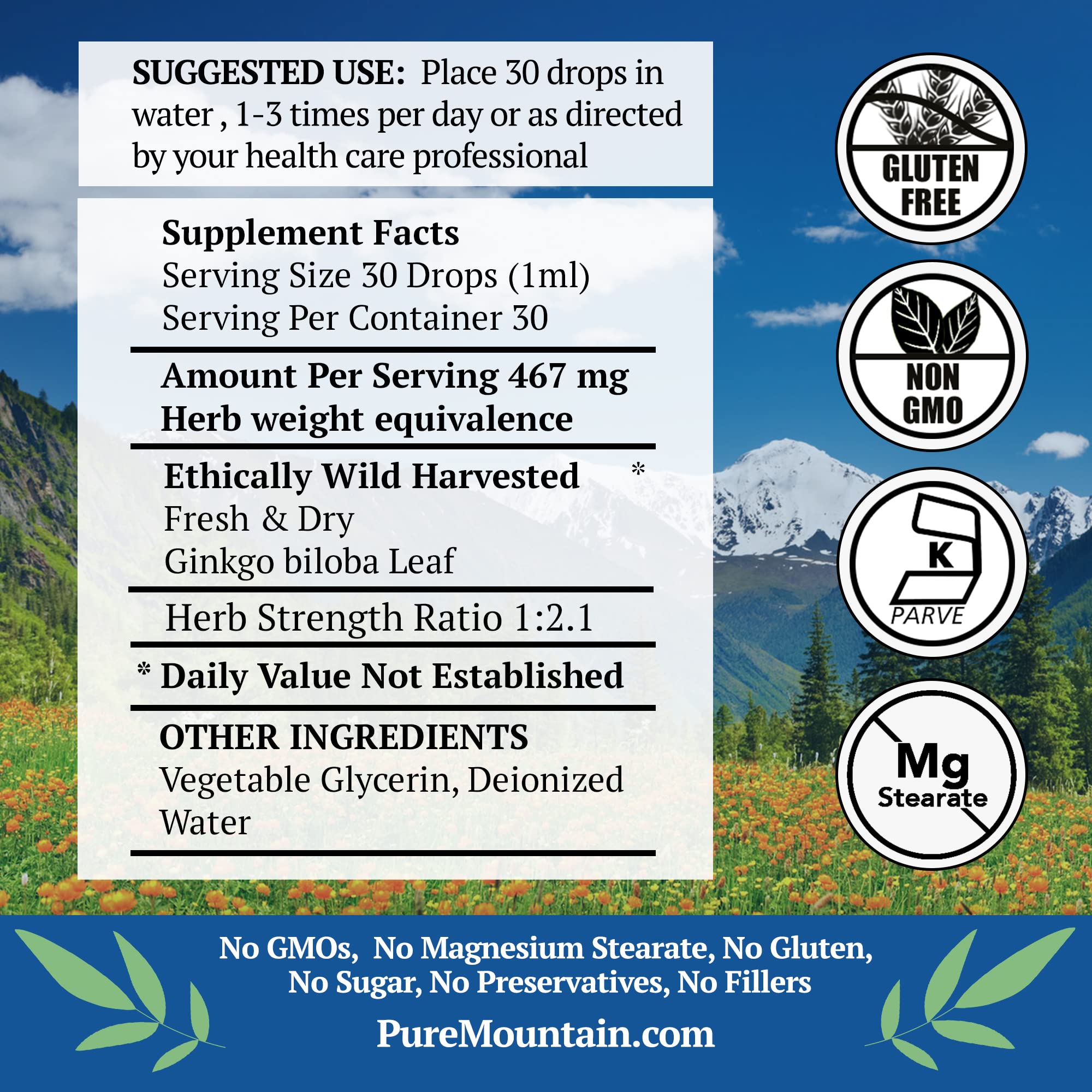 Bottle of Pure Mountain Botanicals Ginkgo Biloba Liquid with label