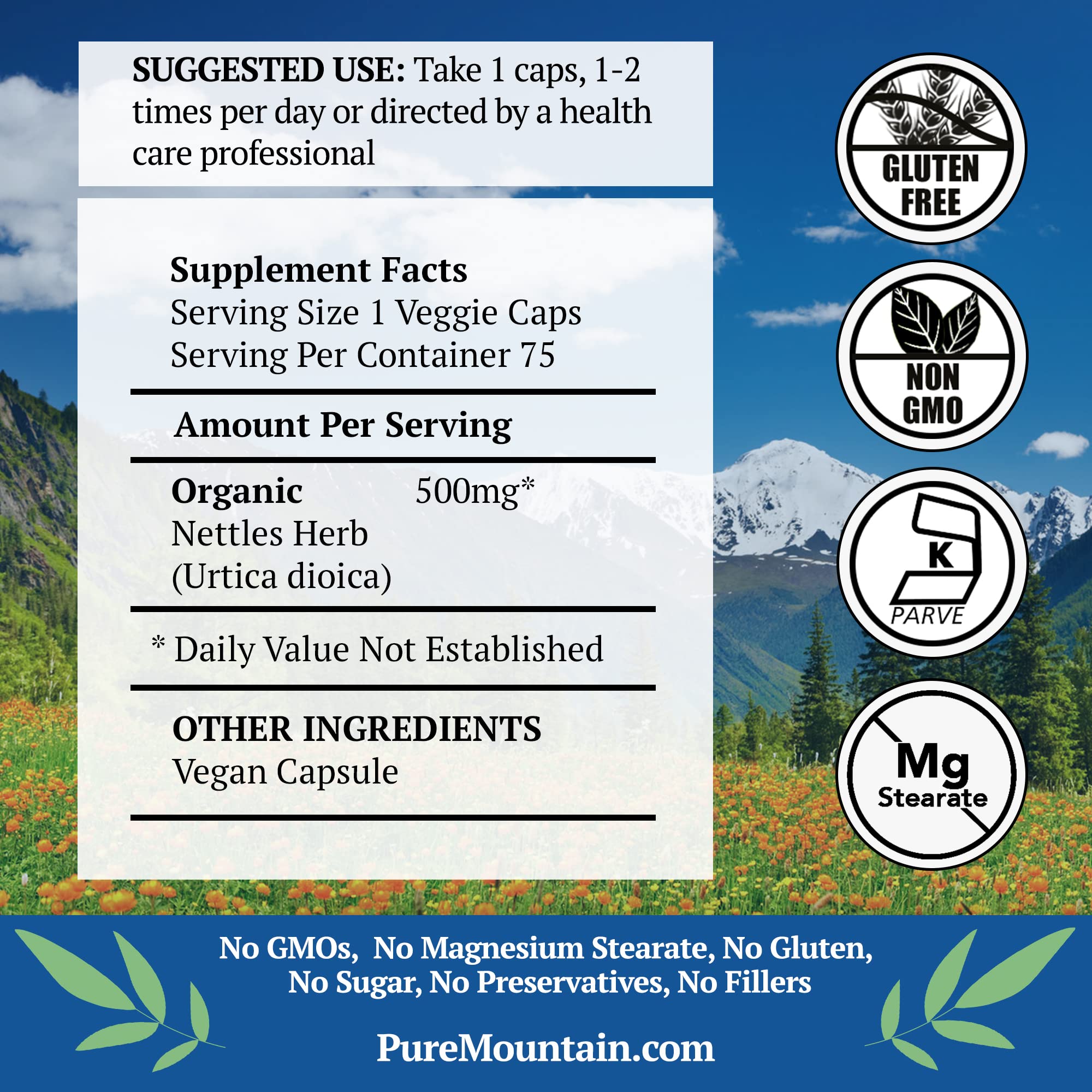 Bottle of Pure Mountain Botanicals Nettle Leaf Capsules 75 count