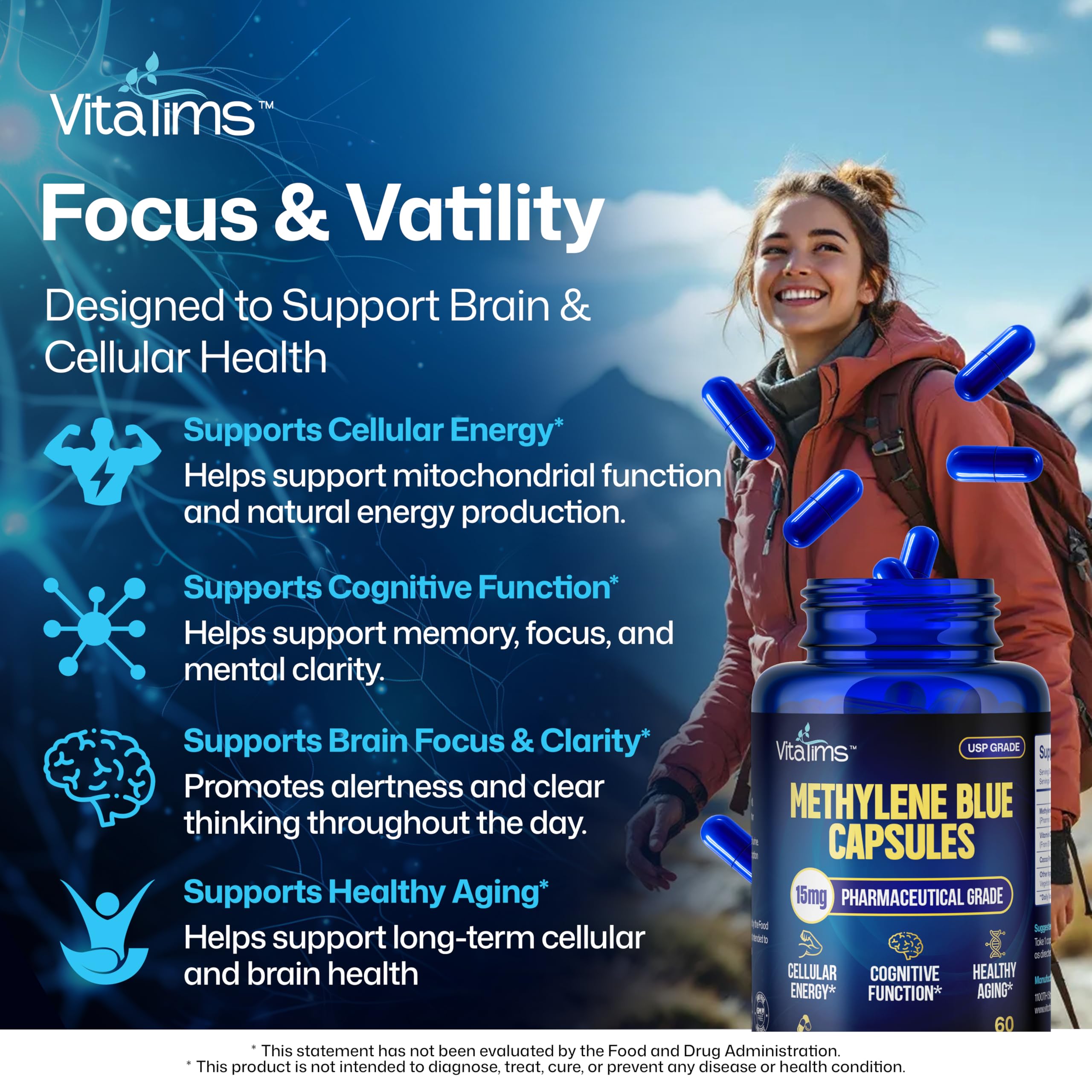Bottle of Vitatims Methylene Blue Capsules with cap open