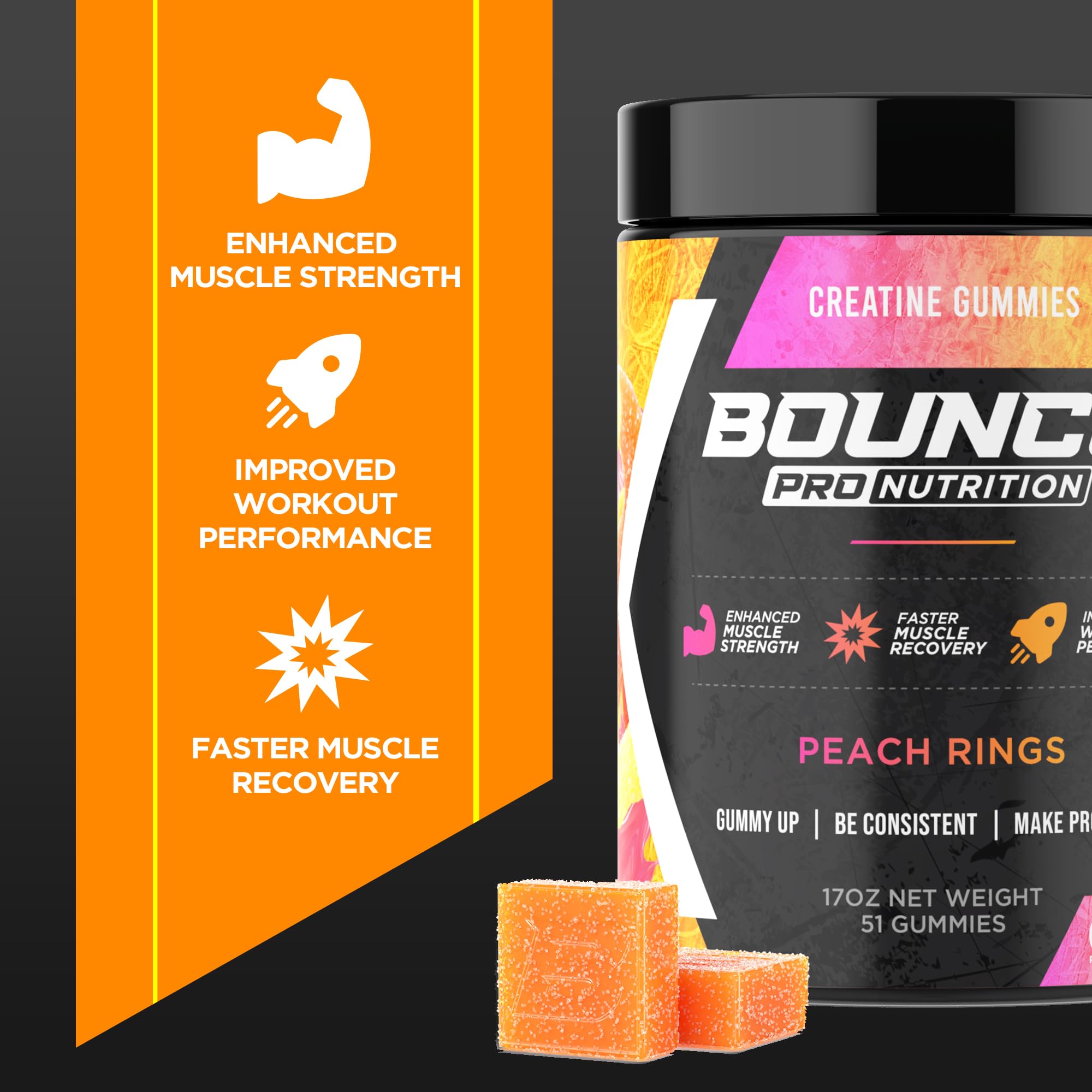 Bounce Pro Creatine Gummies lifestyle scene with fitness gear