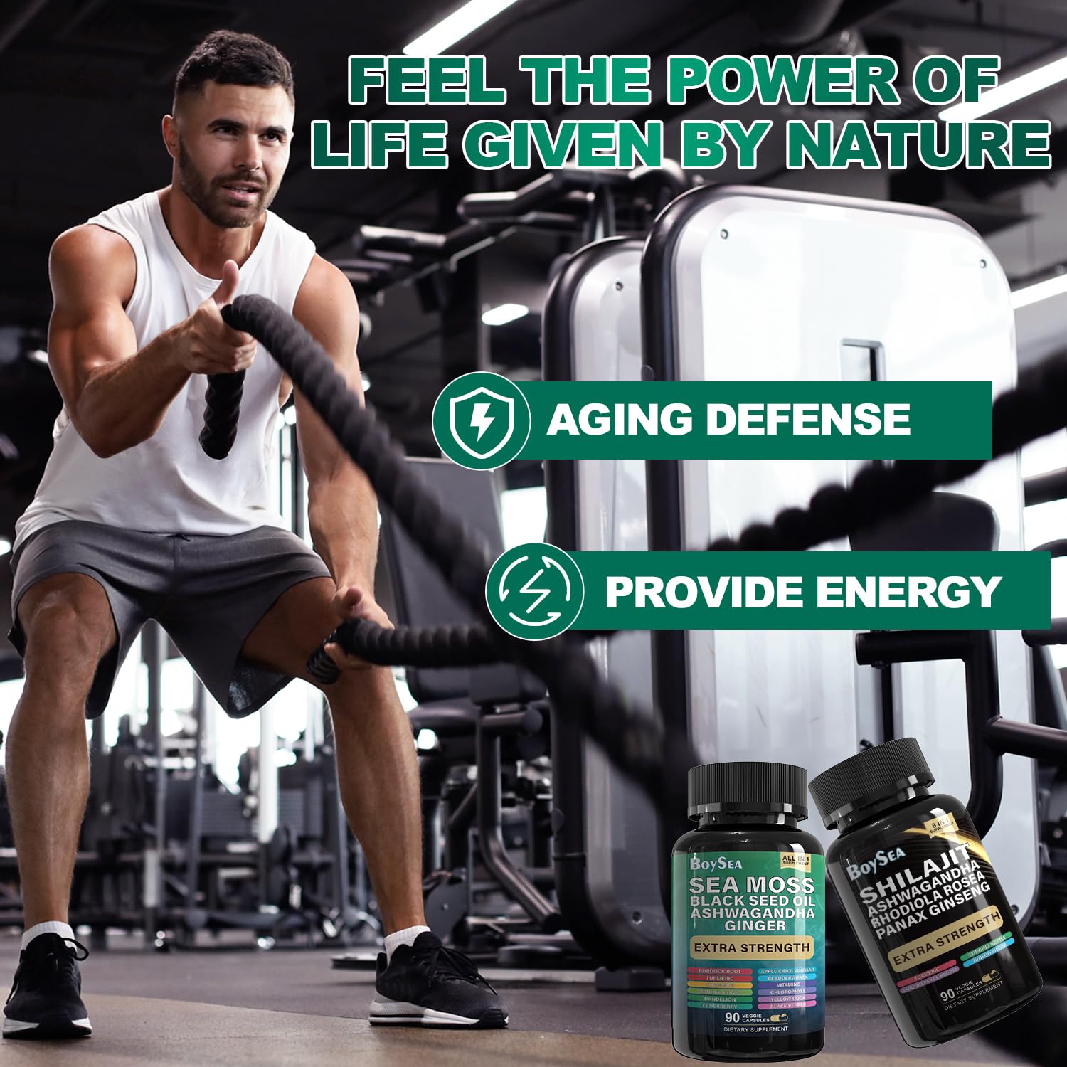 Boysea Shilajit and Sea Moss capsules in a lifestyle setting