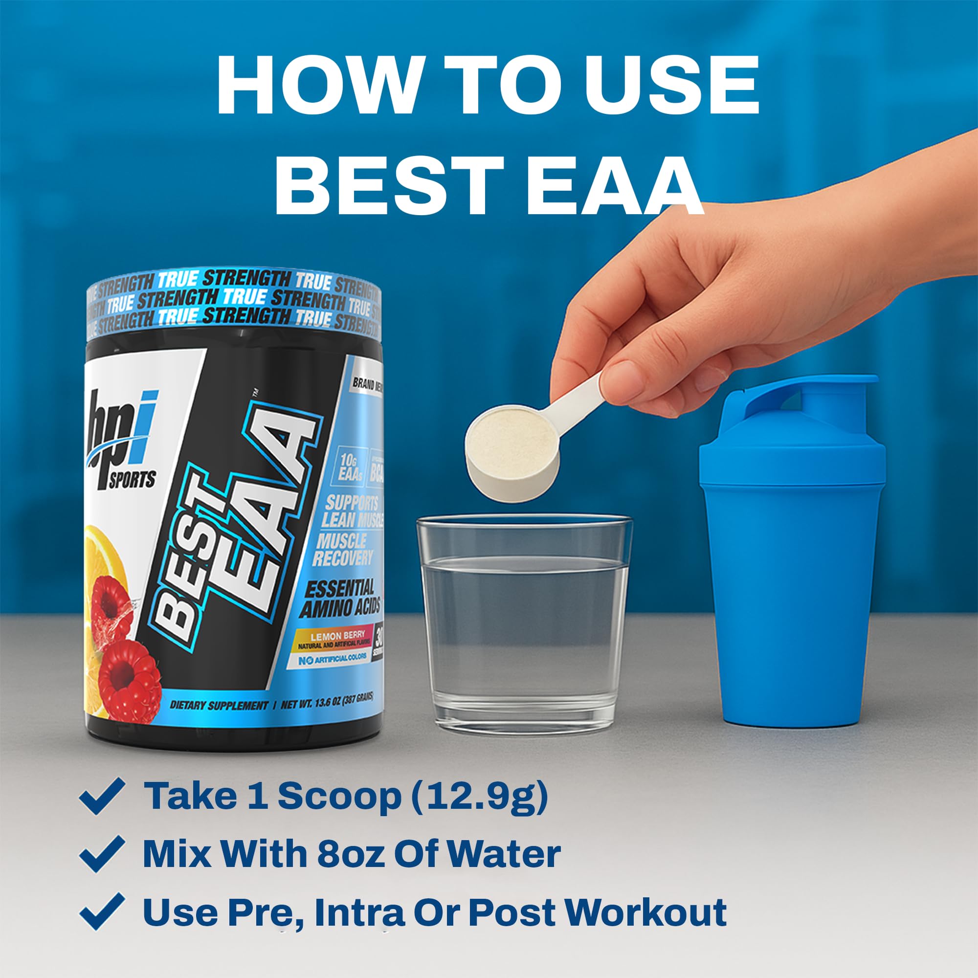 BPI Sports Amino Acid Powder 386g displayed with shaker bottle