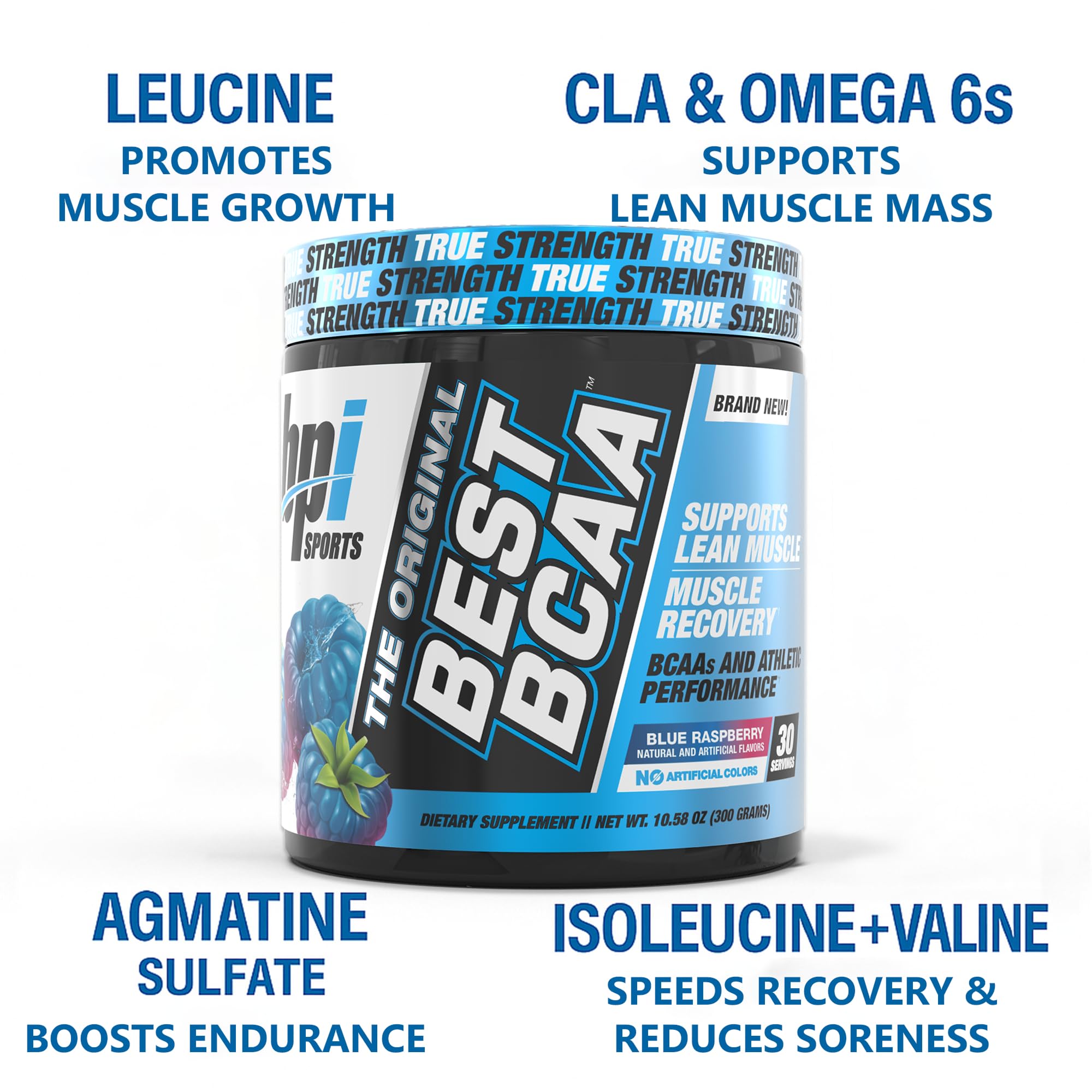 BPI Sports Best BCAA Powder Blue Raspberry 599g side view