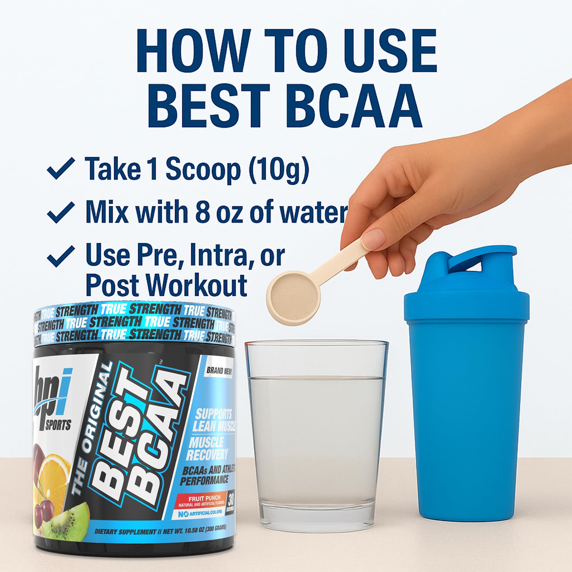 BPI Sports Best BCAA Powder Fruit Punch with workout gear