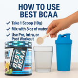 BPI Sports Best BCAA Powder Fruit Punch with workout gear