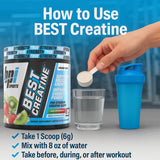 BPI Sports Best Creatine 331g on a gym bench with weights