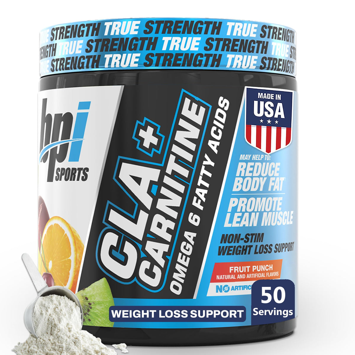 BPI Sports CLA + Carnitine 272g front view with Fruit Punch flavour