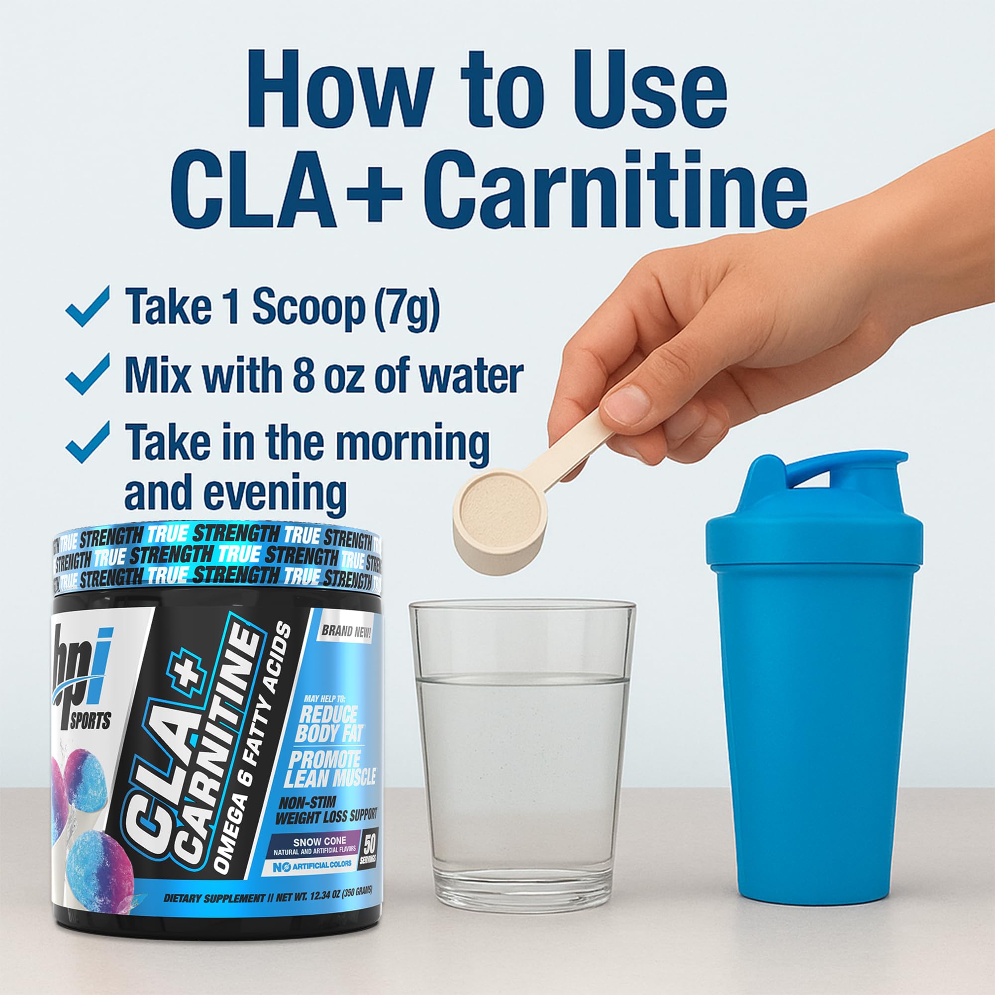 BPI Sports CLA + Carnitine 340g on a kitchen counter