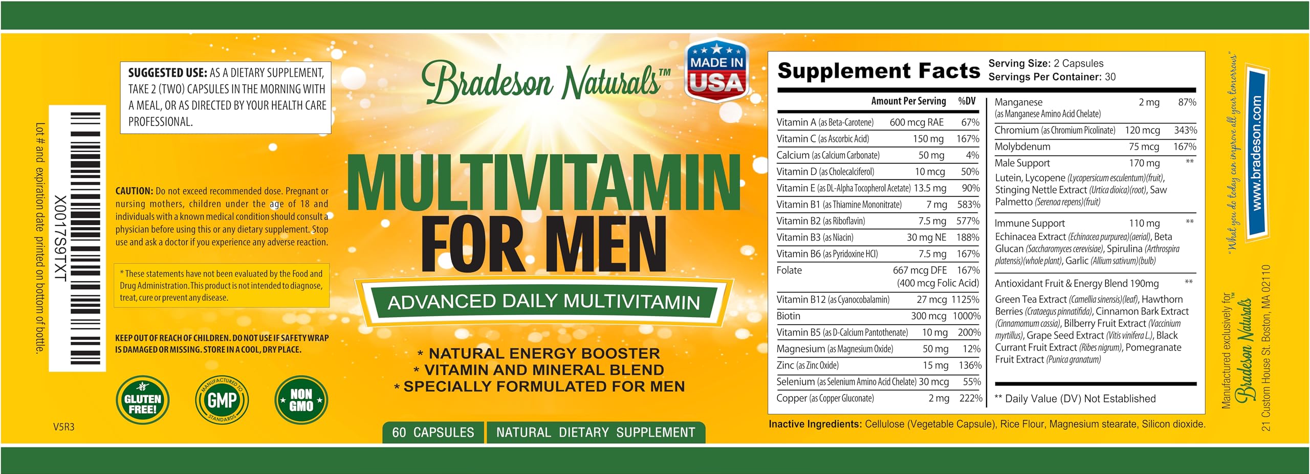 Bradeson Naturals Multivitamins for Men packaging with ingredients list