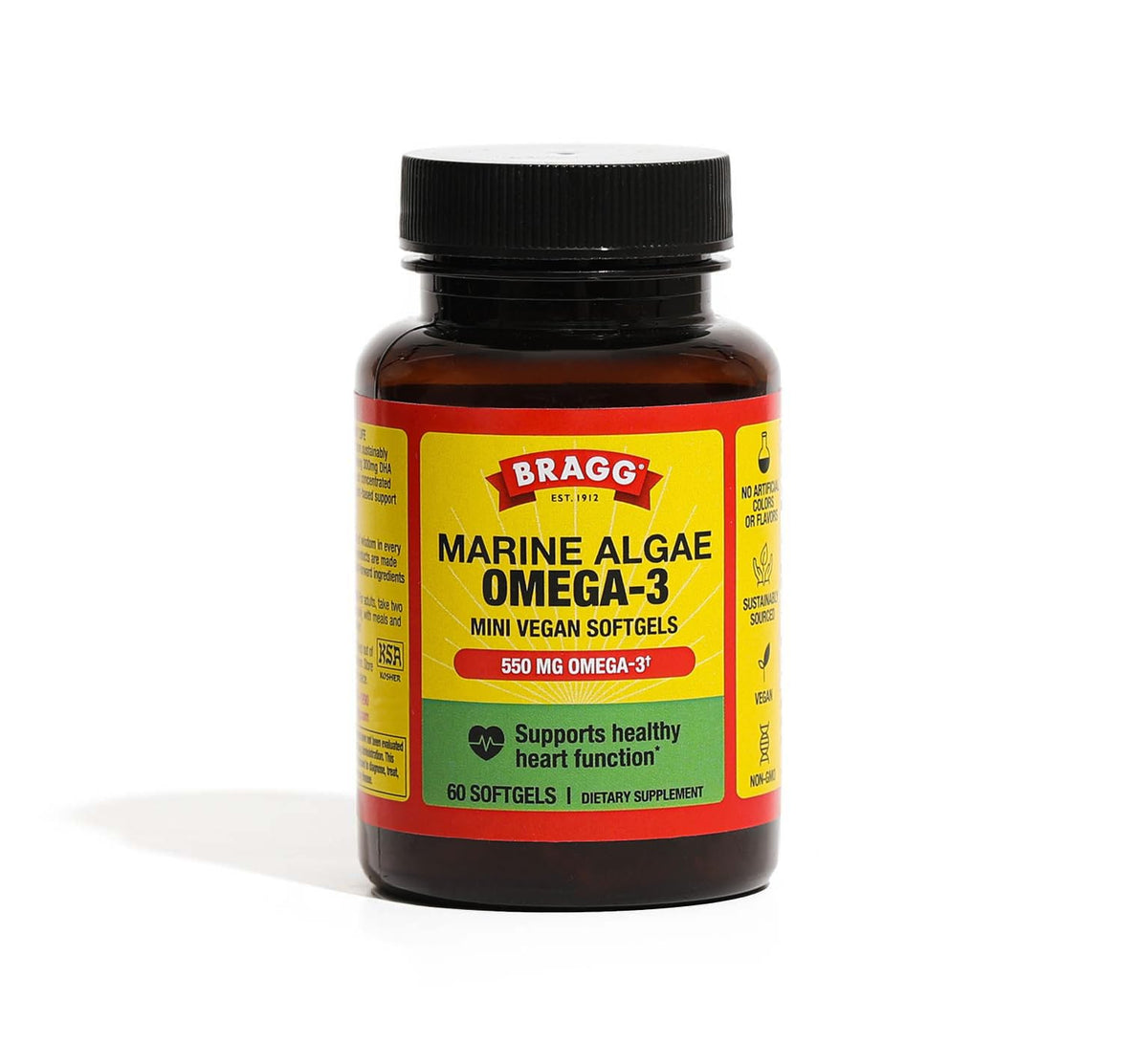 Bragg Omega-3 Softgels bottle front view with 300mg DHA and 150mg EPA