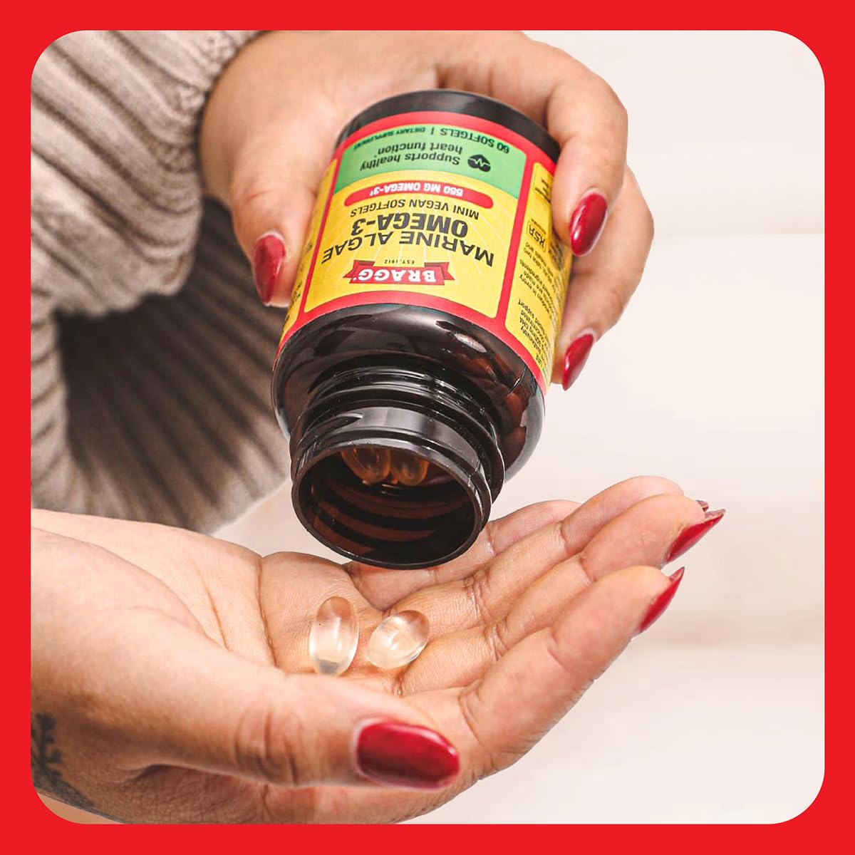 Bragg Omega-3 Softgels opened bottle with softgels displayed
