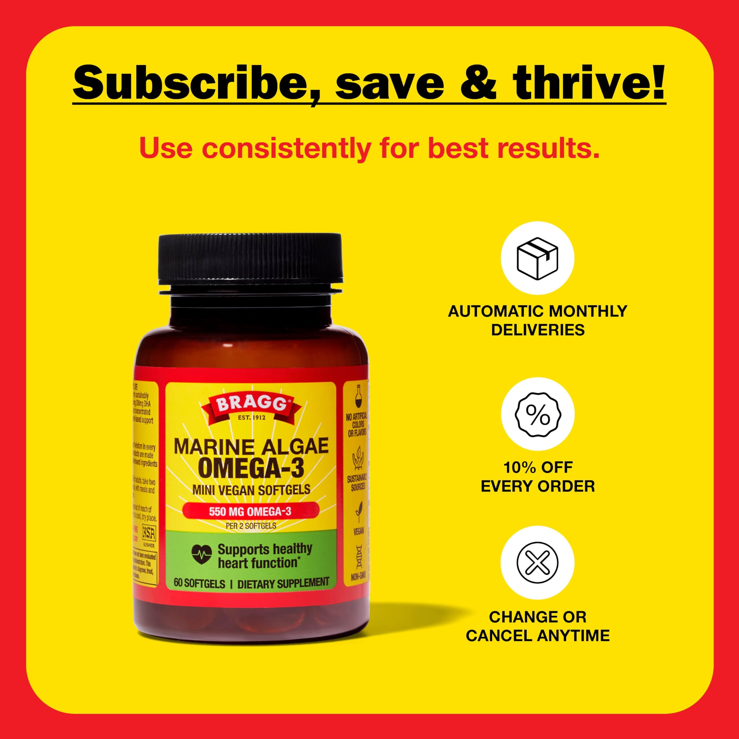 Bragg Omega-3 Softgels packaging details and dimensions
