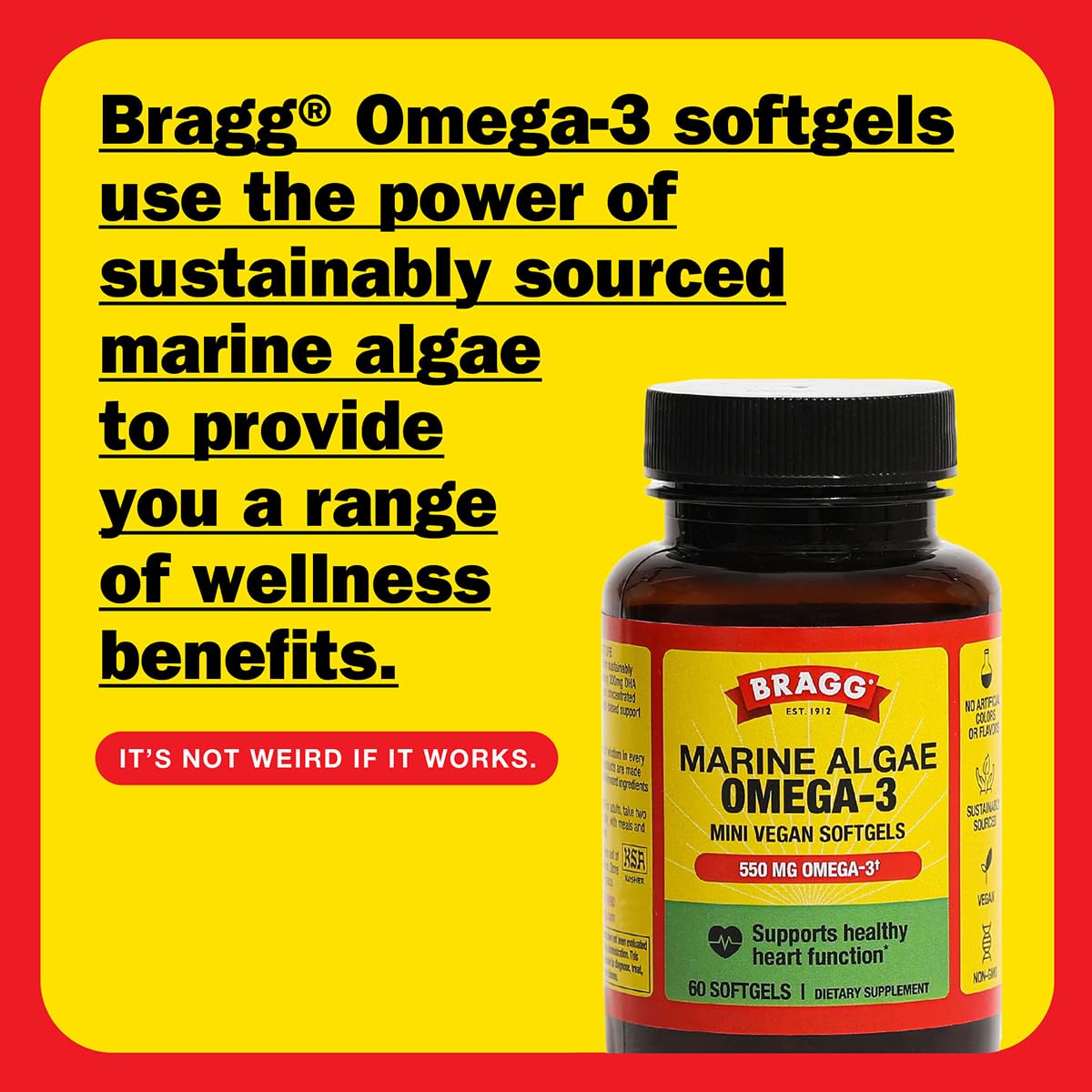 Bragg Omega-3 Softgels side view showing capsule size