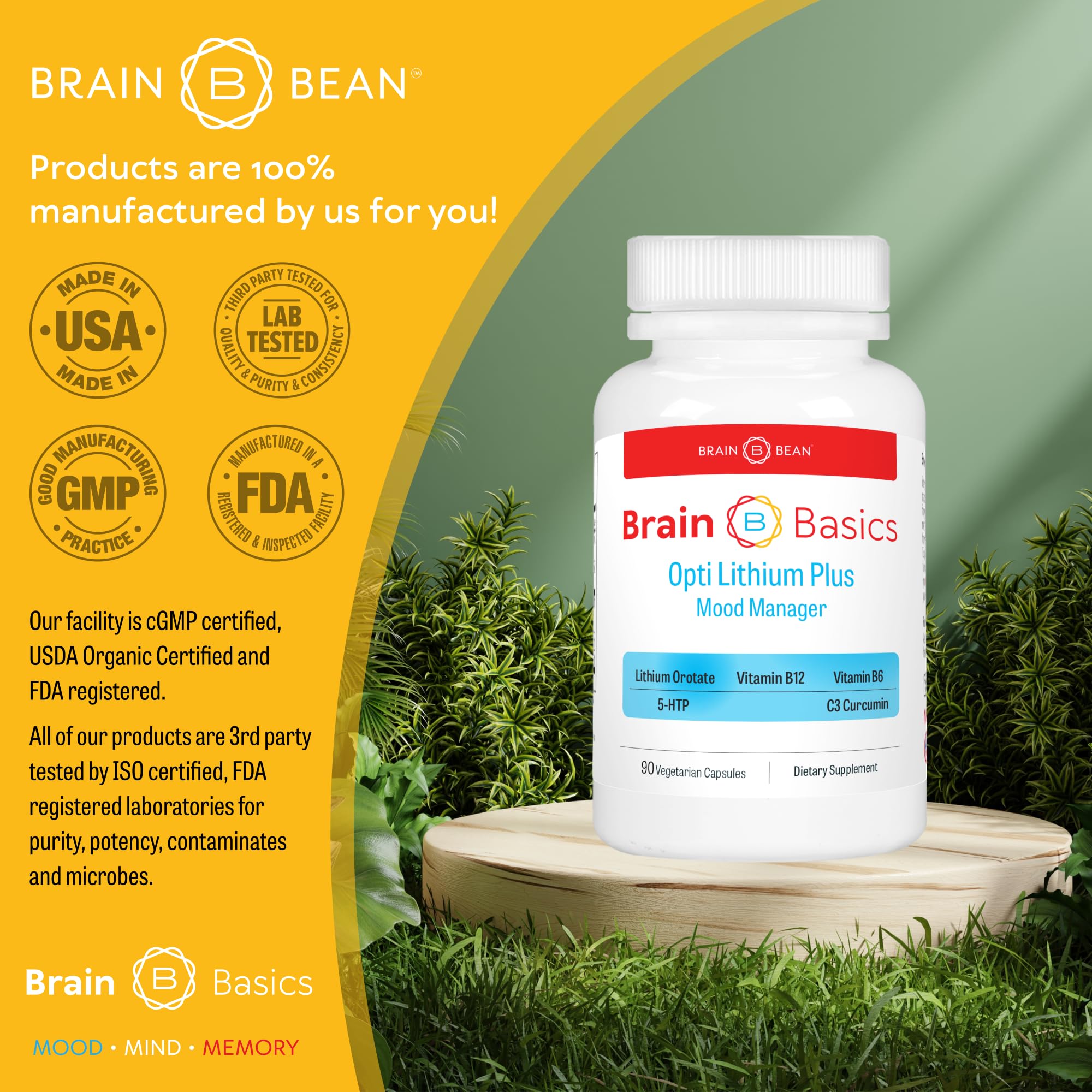 Brain Bean Opti Lithium Plus supplement bottle side view