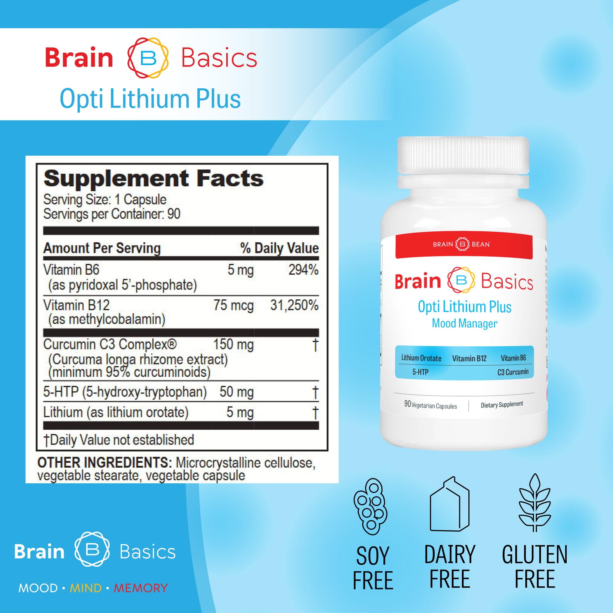 Brain Bean Opti Lithium Plus supplement capsules close-up