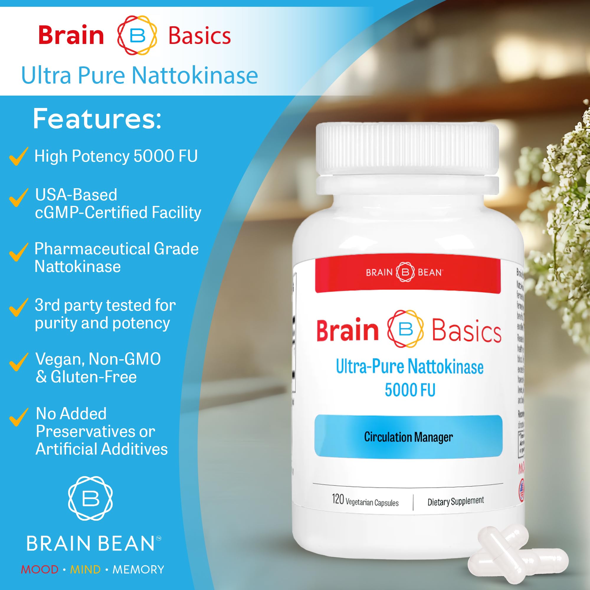 Brain Bean Ultra Pure Nattokinase 5000 FU capsules side view