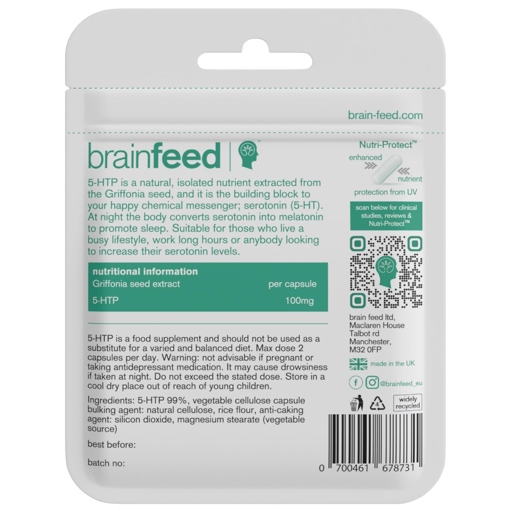 brain feed 5-HTP Natural Serotonin Supplement on a wooden table