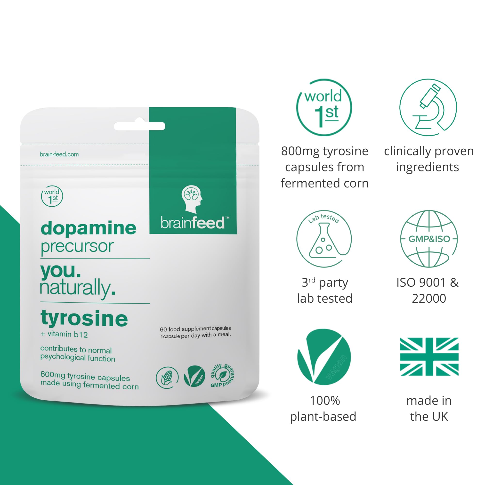 brain feed L-Tyrosine Supplement bottle on a table