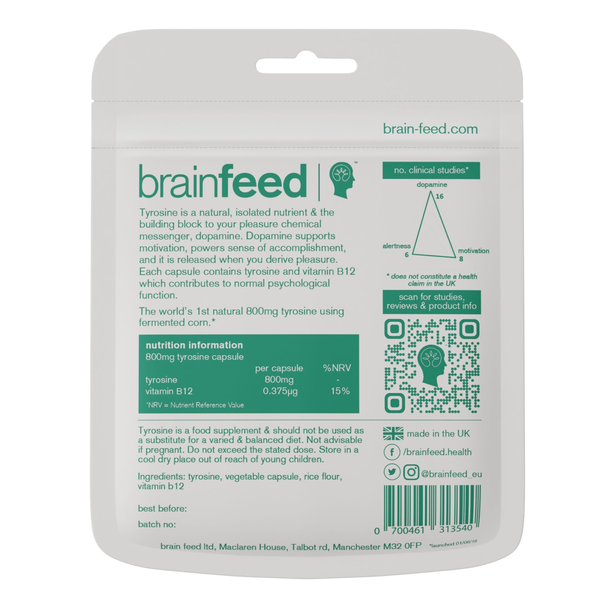 brain feed L-Tyrosine Supplement with a measuring spoon