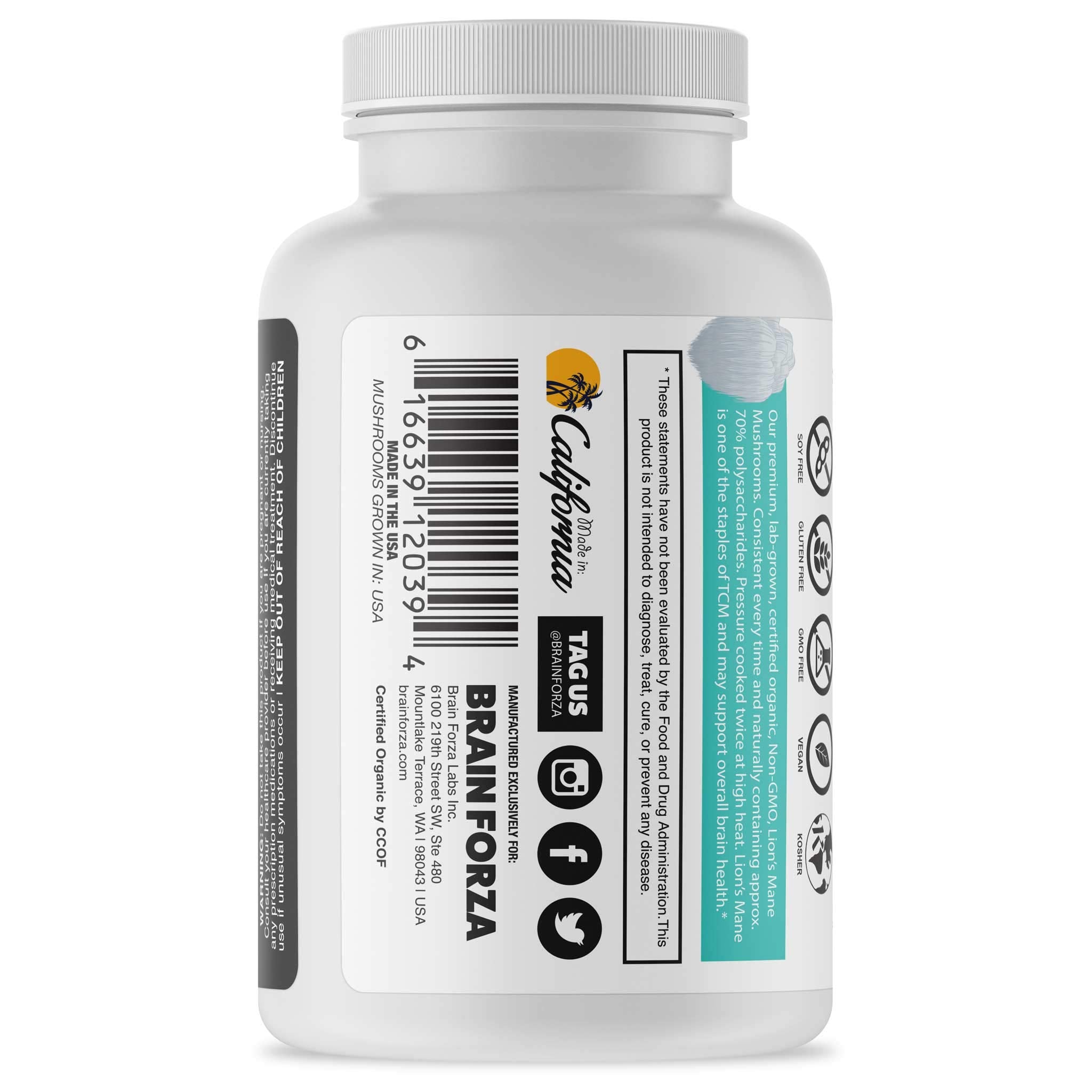 Brain Forza Lion's Mane Mushroom Capsules with label