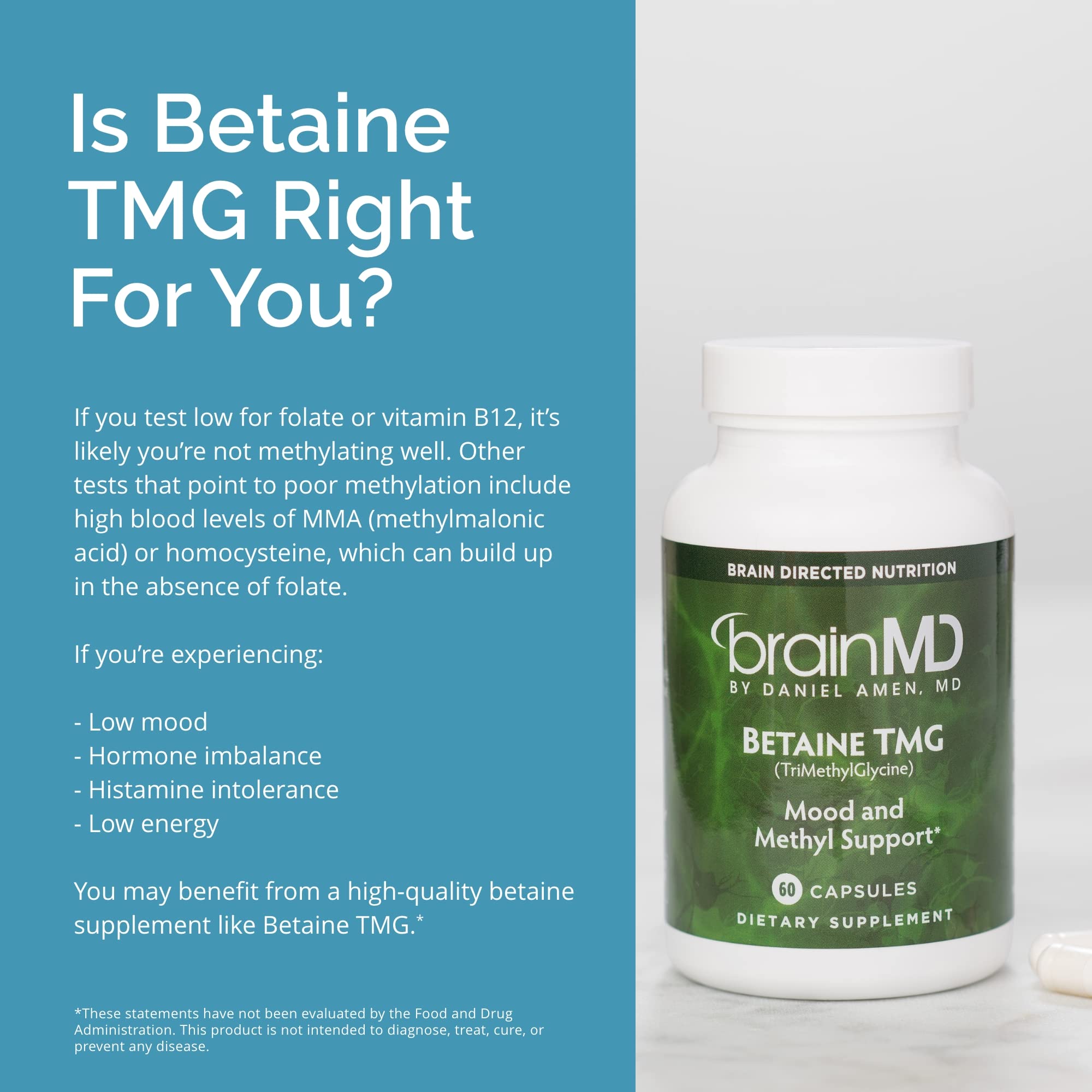 BRAINMD Betaine TMG Supplement 1000mg capsules on a wooden table