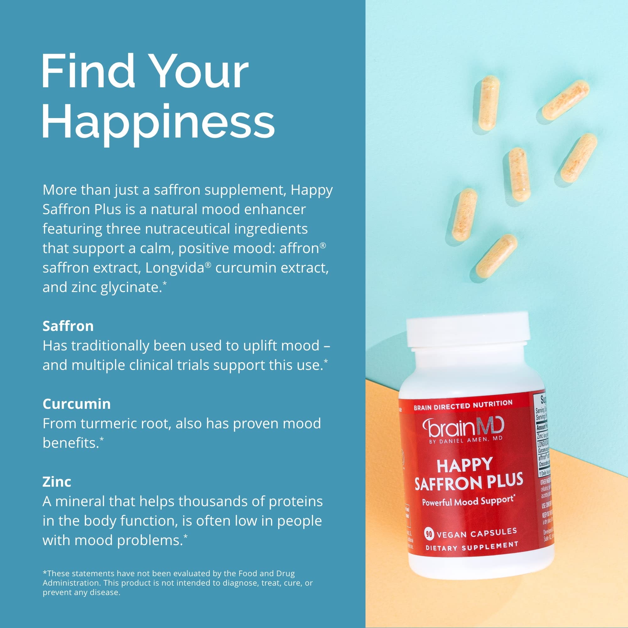 BRAINMD Happy Saffron Plus Curcumin Supplement on a wooden table