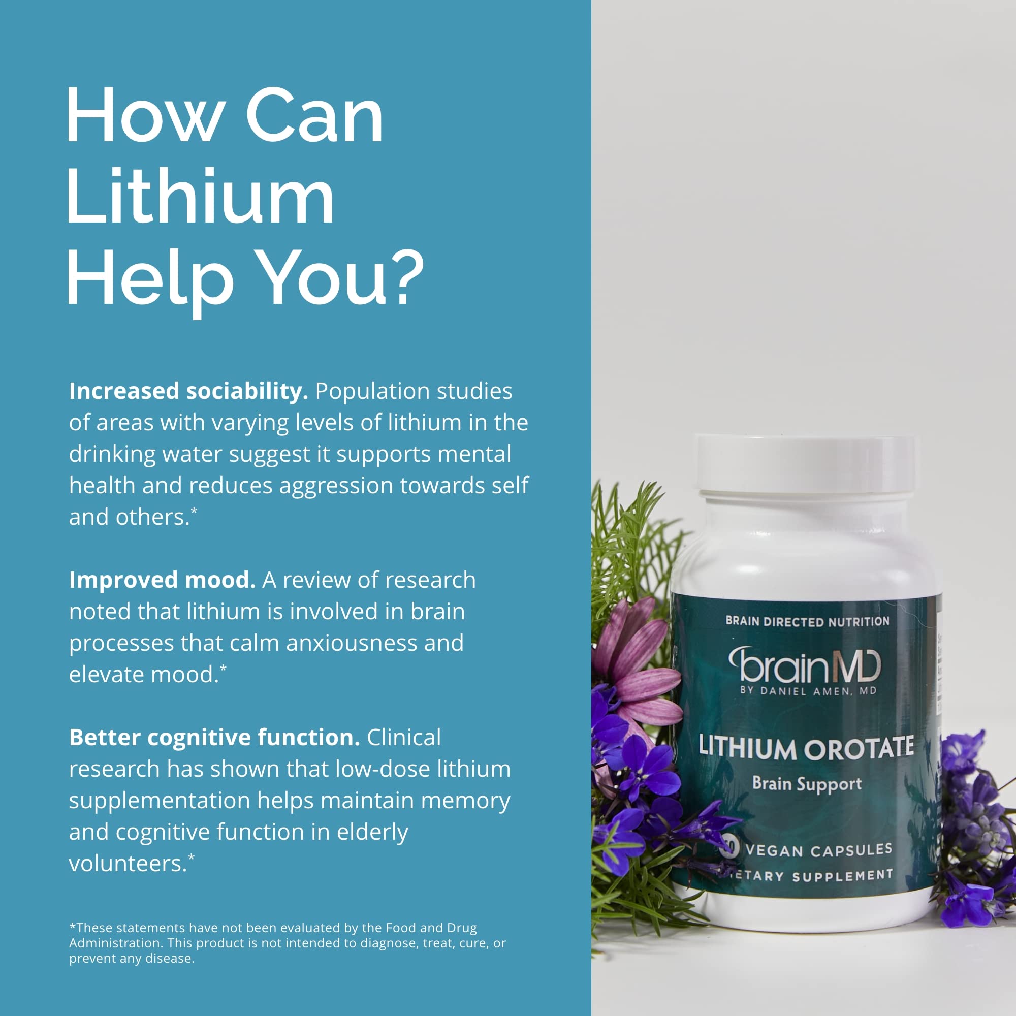 BRAINMD Lithium Orotate 60 Capsules on a wooden table