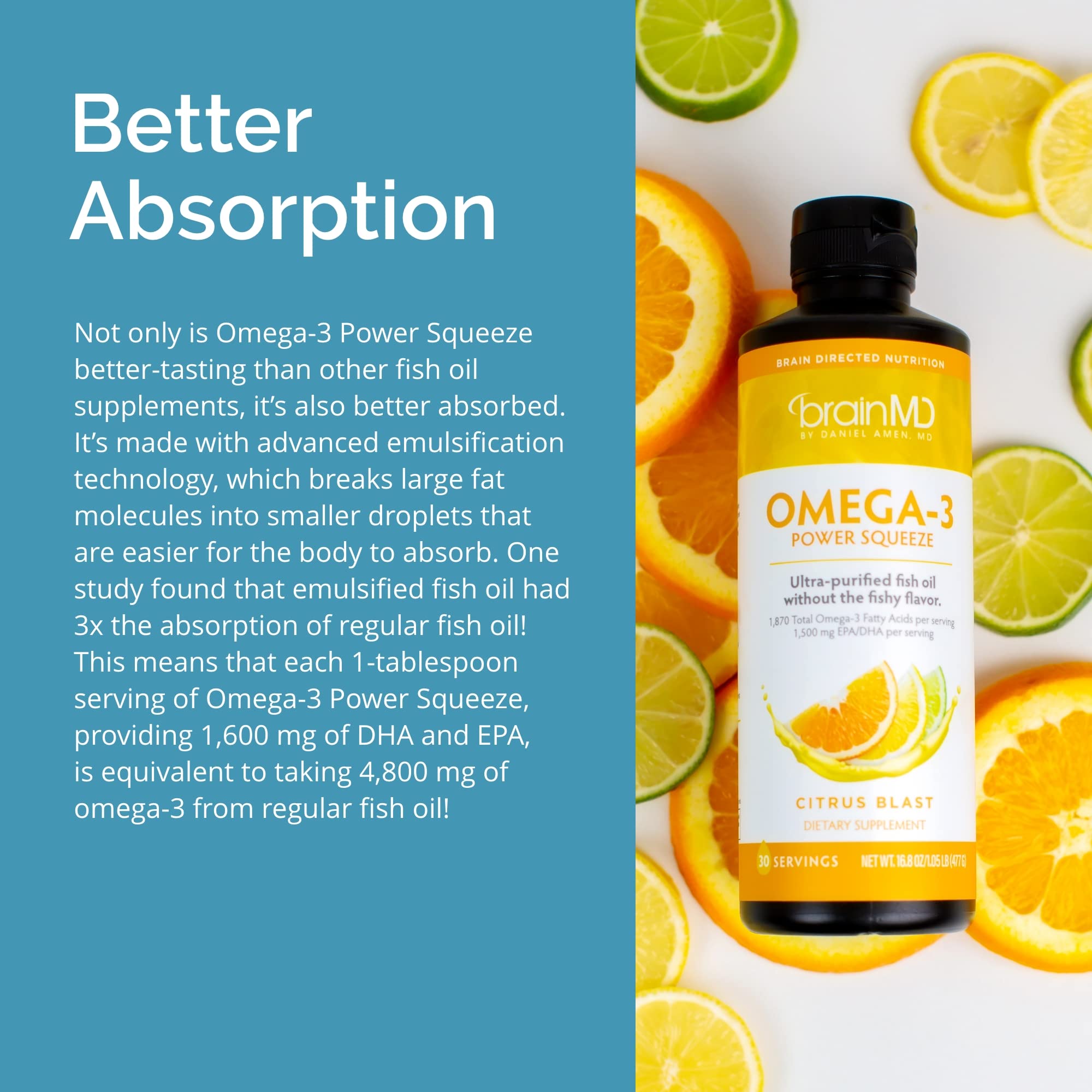 BRAINMD Omega-3 Fish Oil Liquid 540g packaging on a table