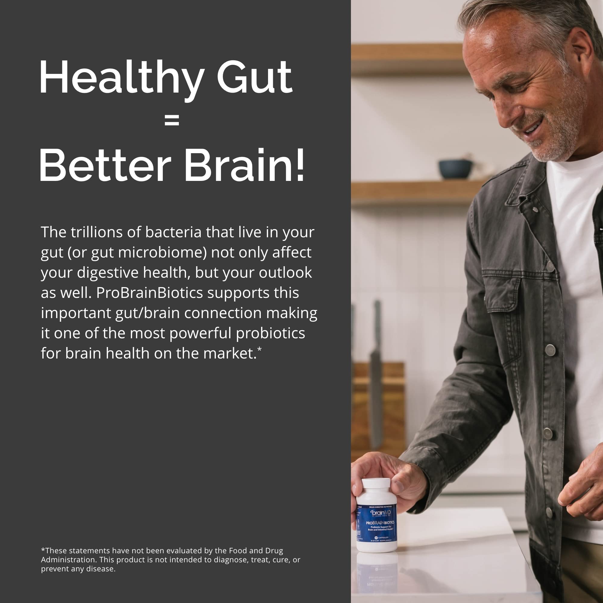 BRAINMD Probiotic Capsules displayed on a wooden table