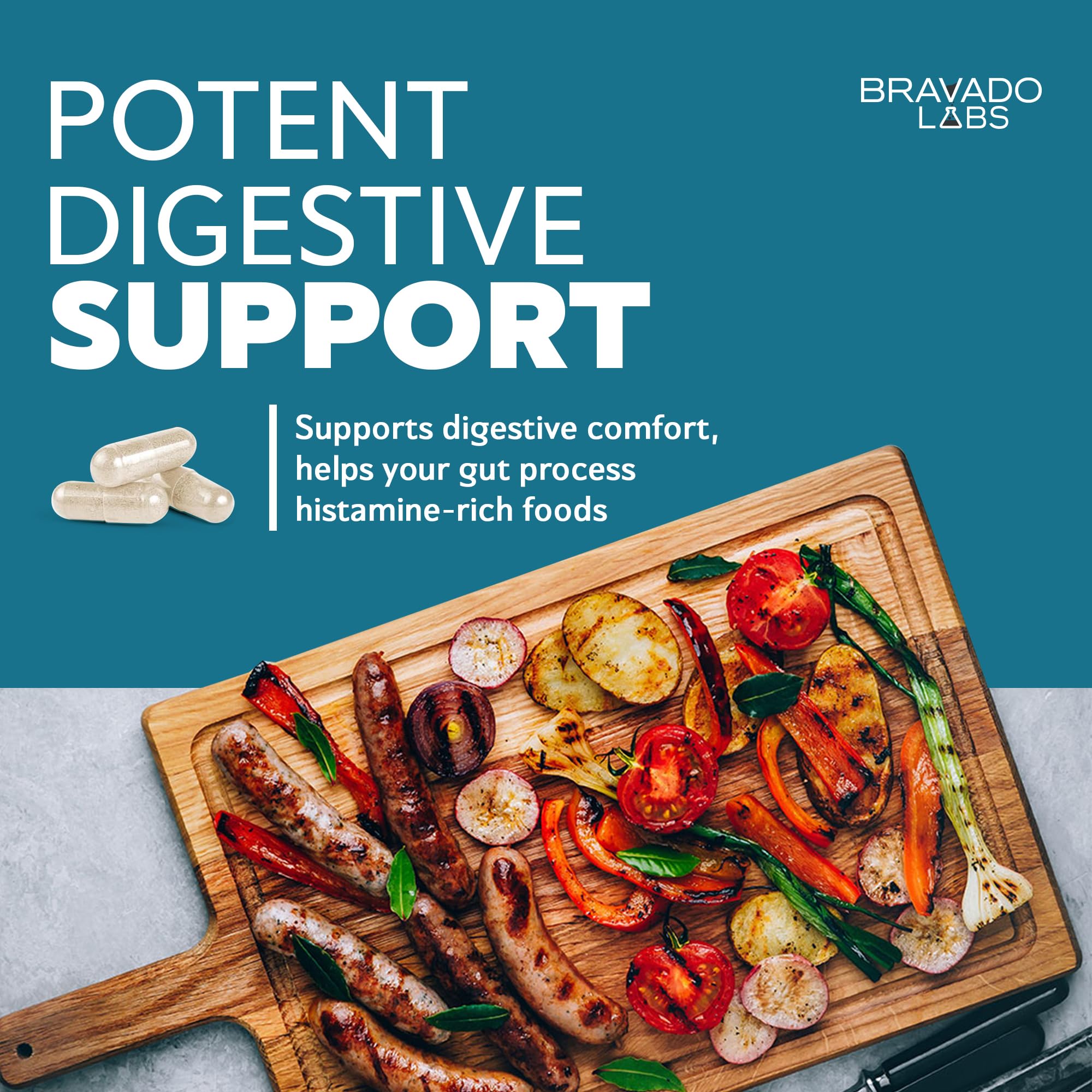 Bravado Labs DAO Enzyme Supplement 30,000 HDU capsules on a table