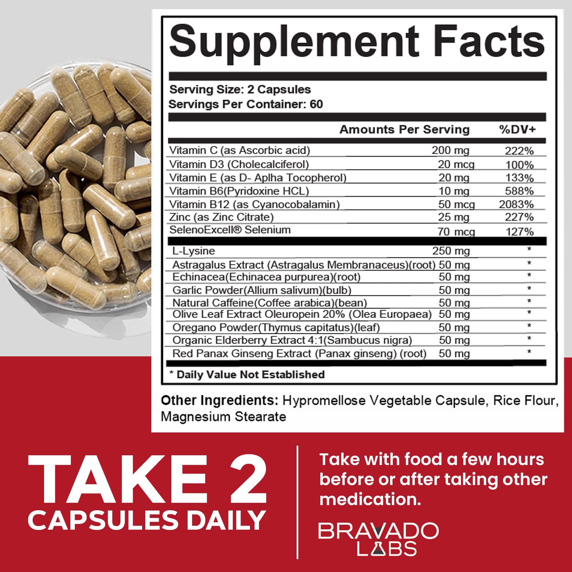 Bravado Labs L-Lysine Supplement capsules with measuring spoon