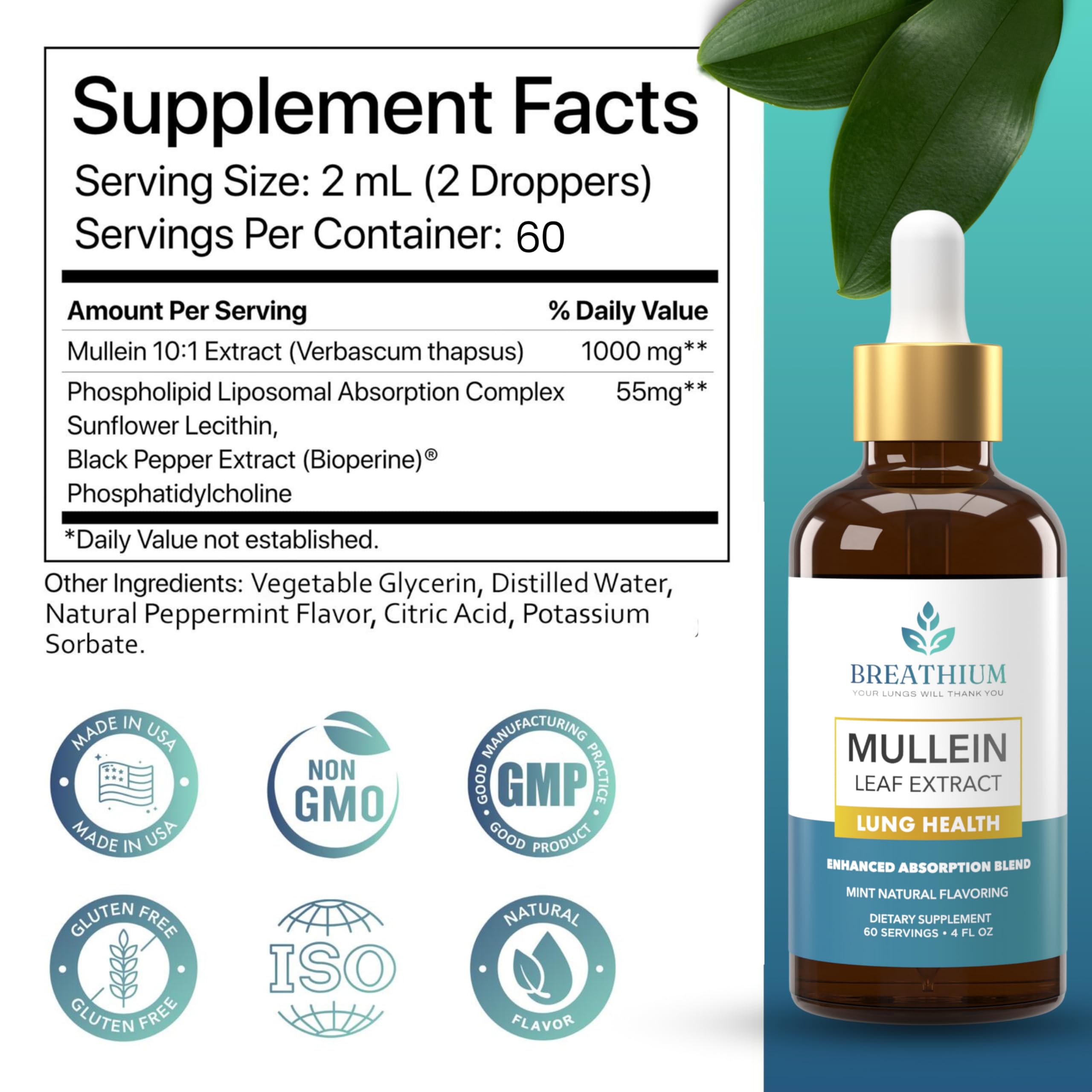 BREATHIUM Mullein Extract Drops lifestyle shot with herbal supplements