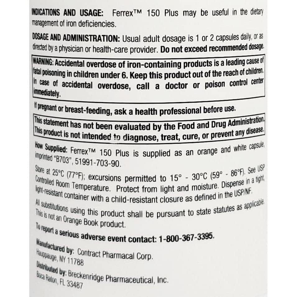 Breckenridge Ferrex 150 Iron Complex Capsules bottle with label