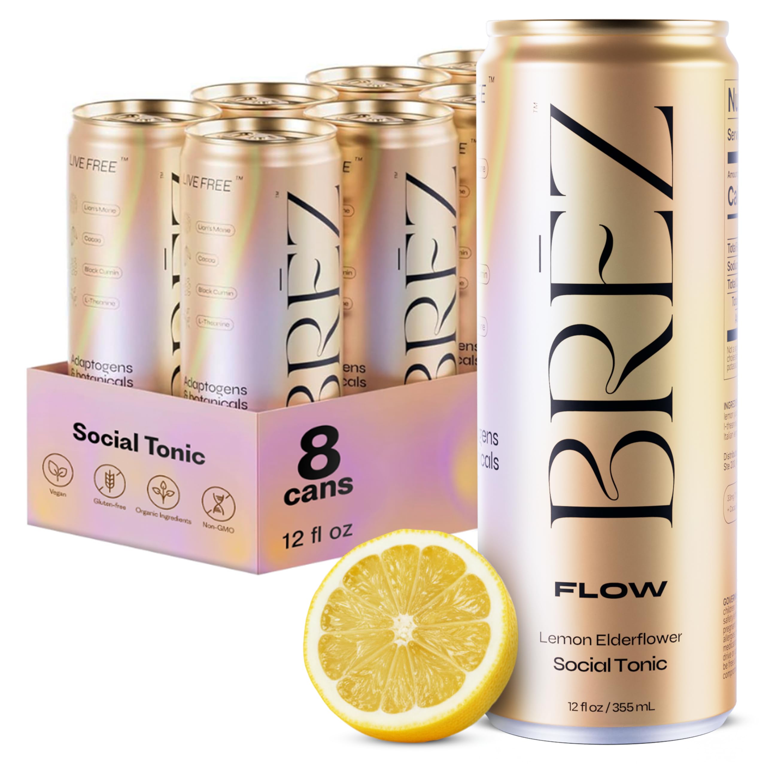 BREZ Flow Adaptogenic Drink can front view with Italian lemon and elderflower