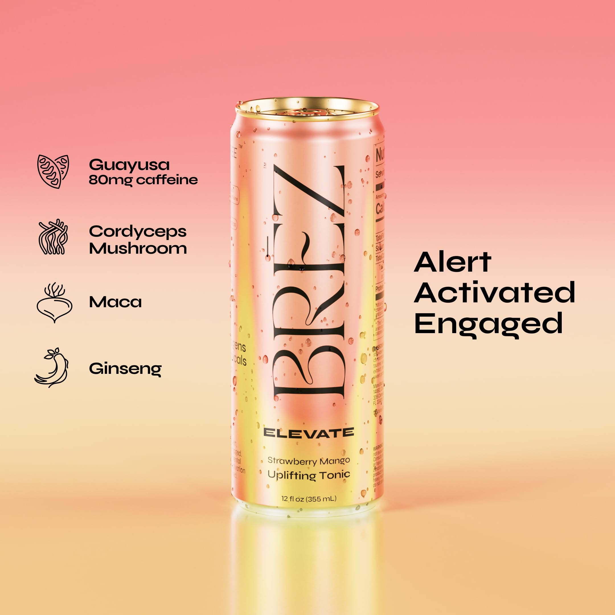 BREZ Mushroom Tonic can side view showcasing ingredients