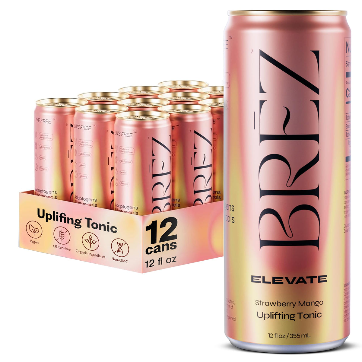 BREZ Plant-Based Energy Tonic can front view with vibrant design