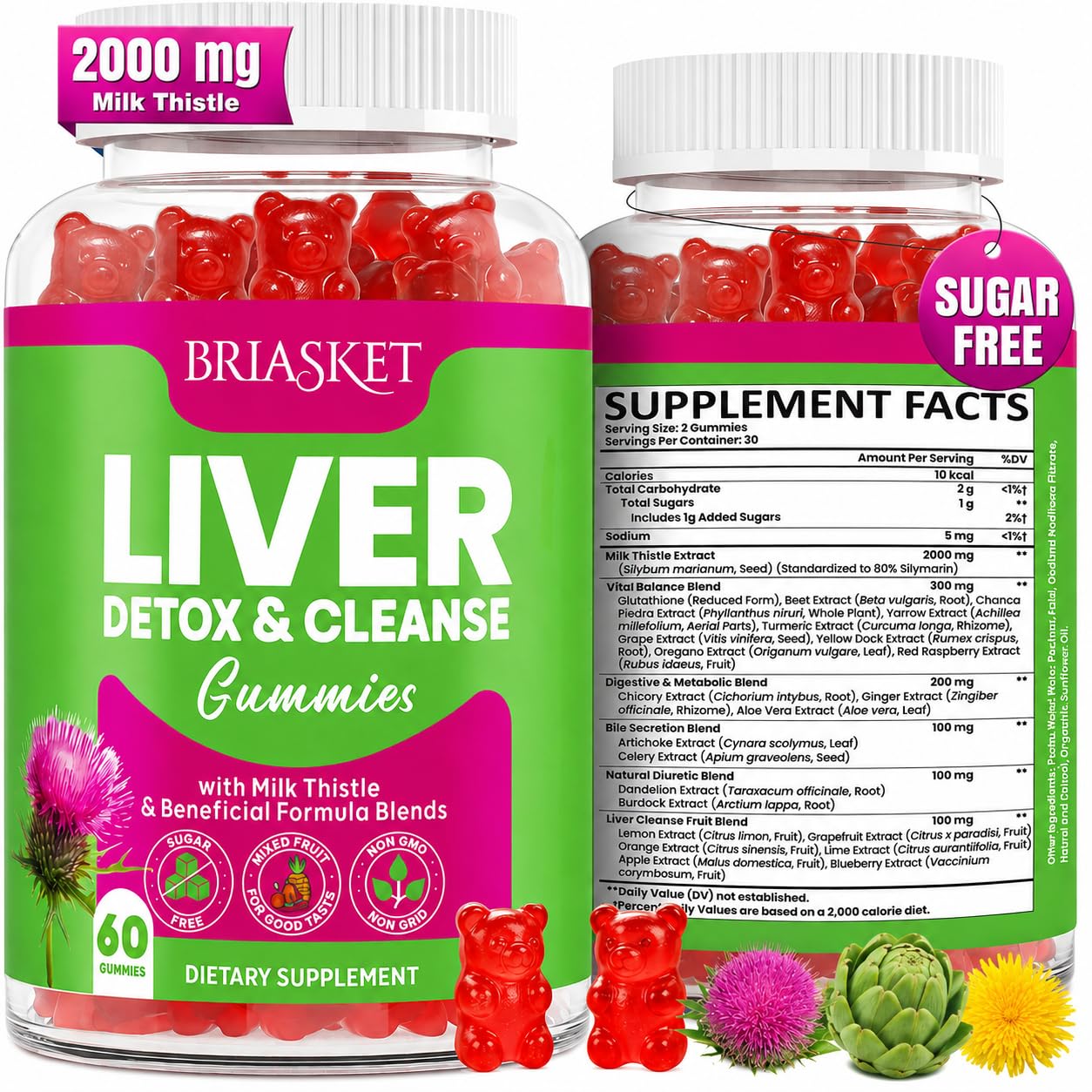 Briasket Milk Thistle Supplement 2000mg vegan gummies front view