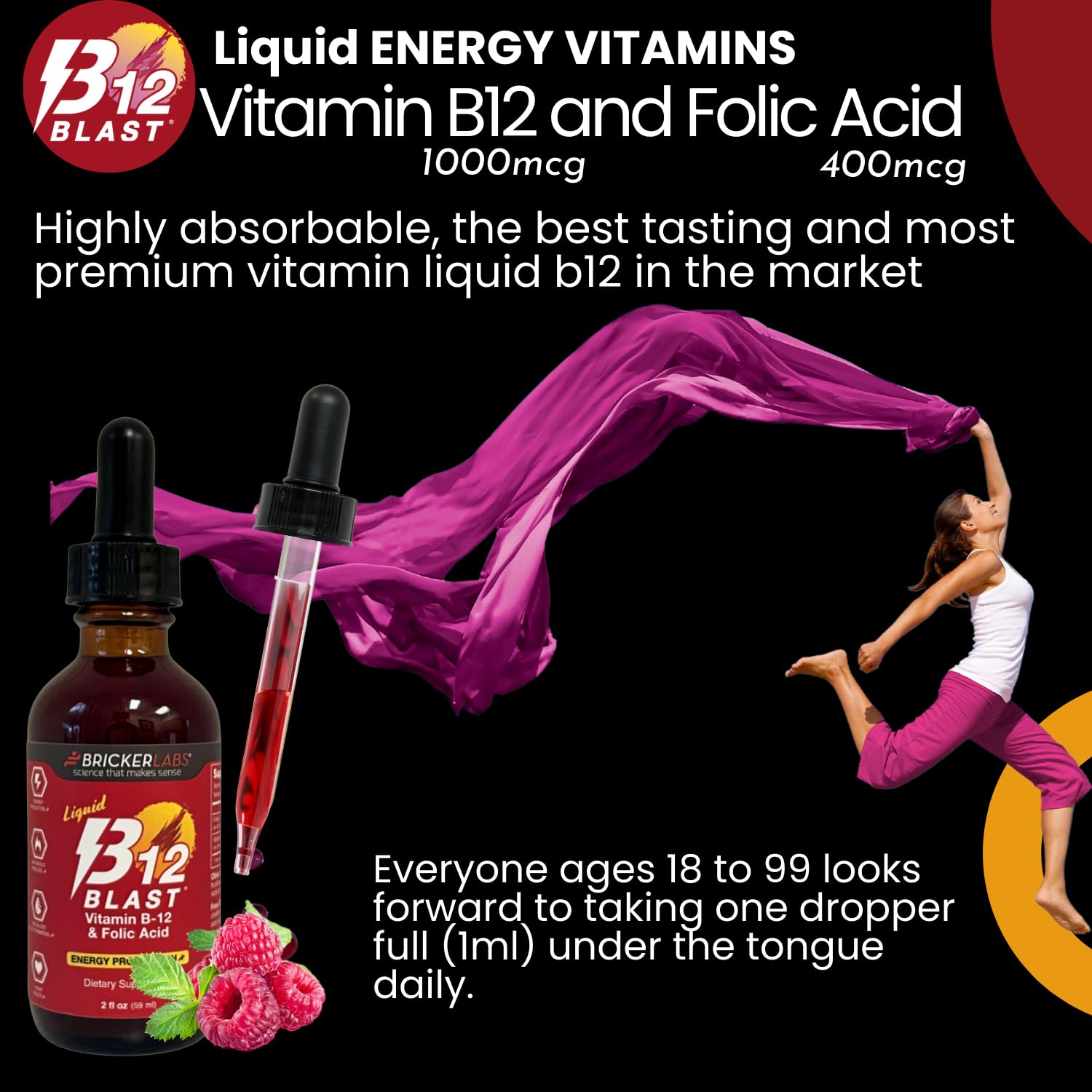 Bricker Labs B-12 Blast Liquid Vitamin B12 and Folic Acid back view