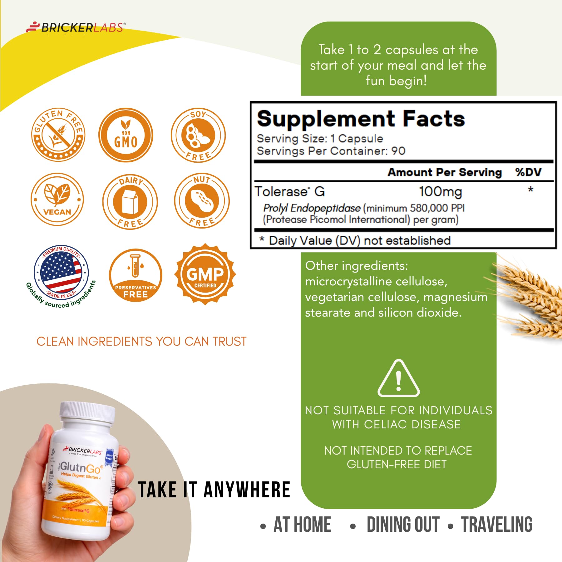 Bricker Labs Gluten daily Enzyme Support Capsules on a wooden table