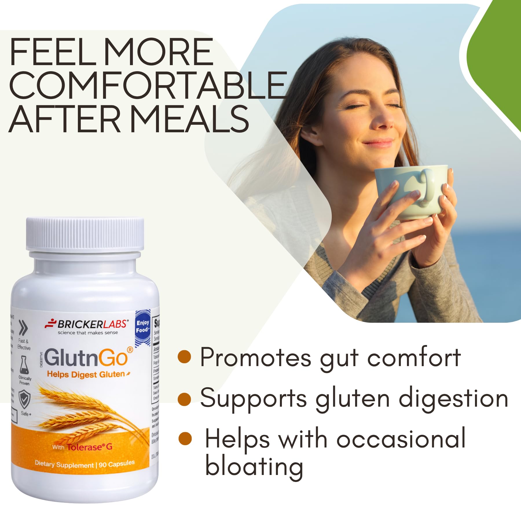 Bricker Labs Gluten daily Enzyme Support Capsules with a glass of water