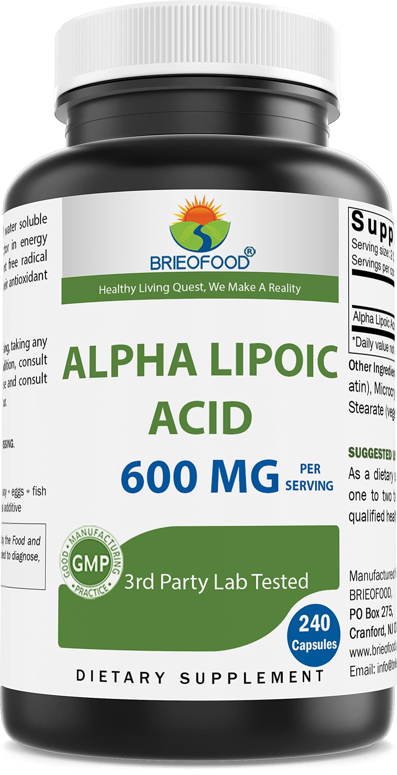 Brieofood Alpha Lipoic Acid 600mg 240 Capsules front view