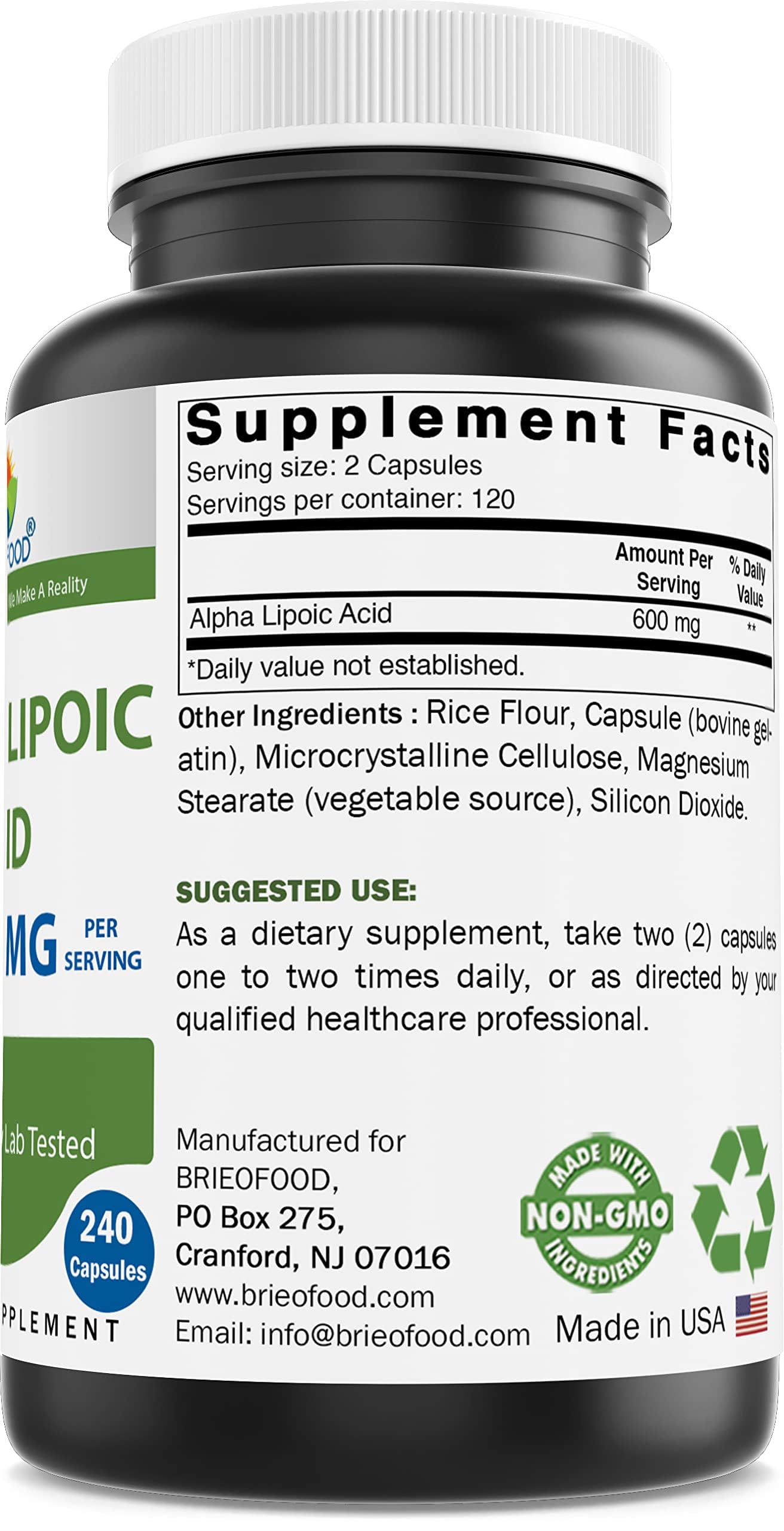 Brieofood Alpha Lipoic Acid 600mg bottle side view