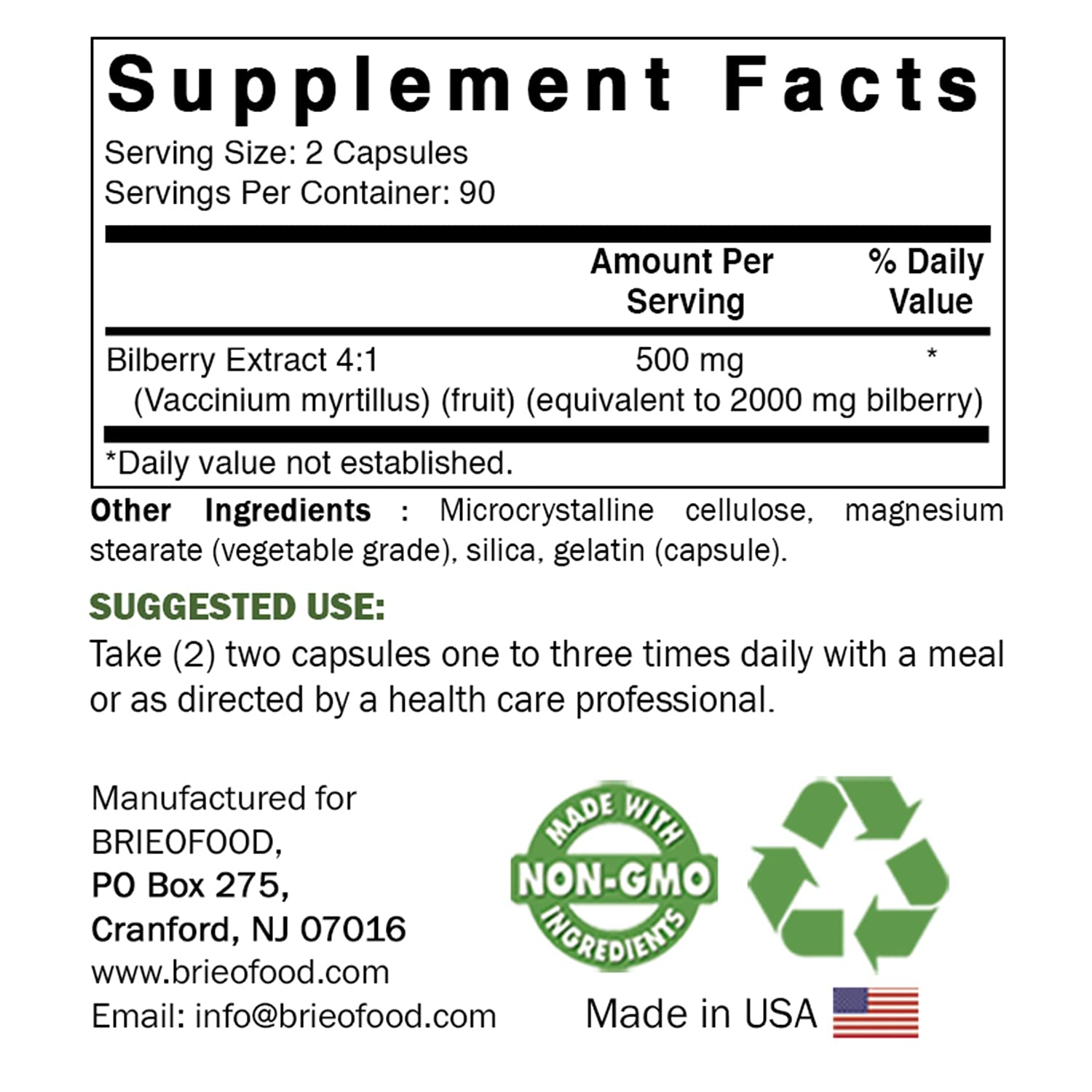 Brieofood Bilberry 2000mg capsules side view
