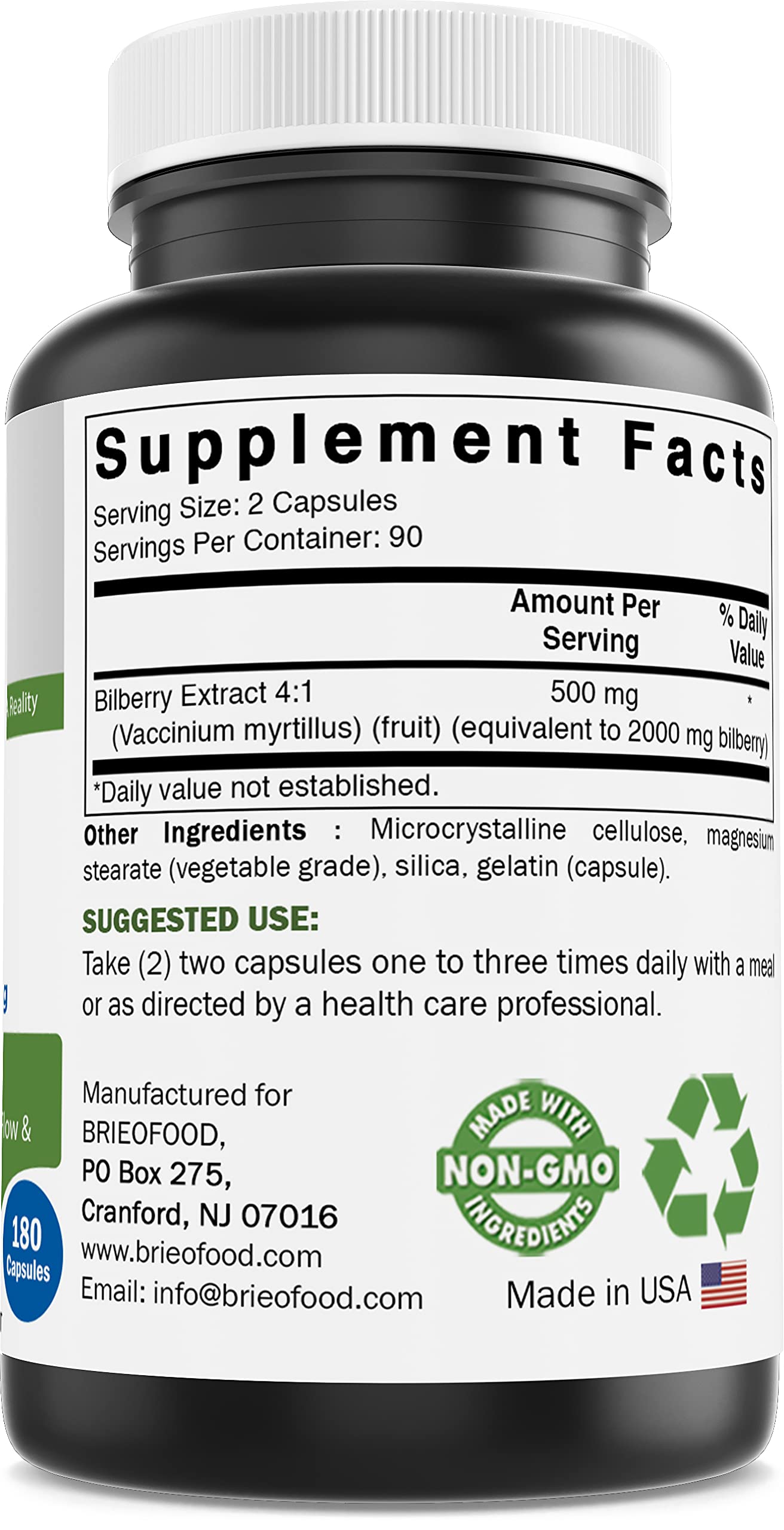 Brieofood Bilberry 2000mg supplement label close-up