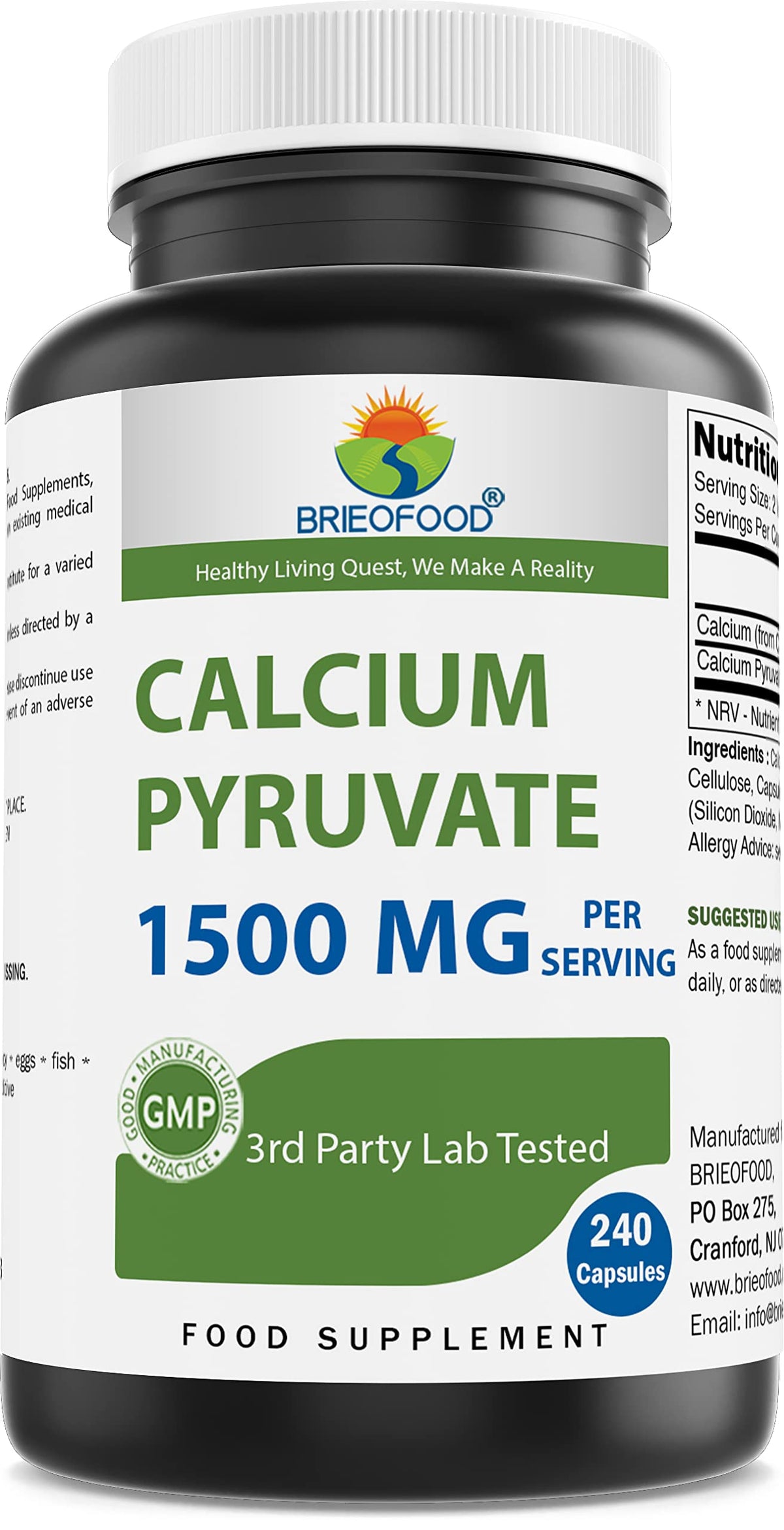 Brieofood Calcium Pyruvate 1500mg 240 Vegetarian Capsules front view